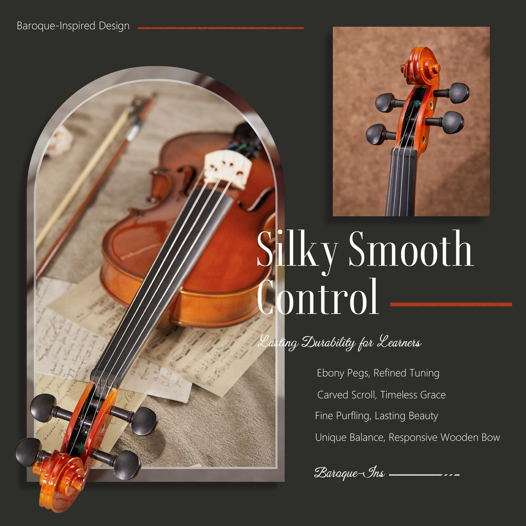 AKLOT Handcrafted Full Size Violin: Solid Wood Matte Fiddle, Acoustic Beginner 4/4 Violin Kit with Hard Case, Lesson Book, Bow, Shoulder Rest, Extra Strings, Tuner, Fretboard Stickers (VRT-AmiCS)