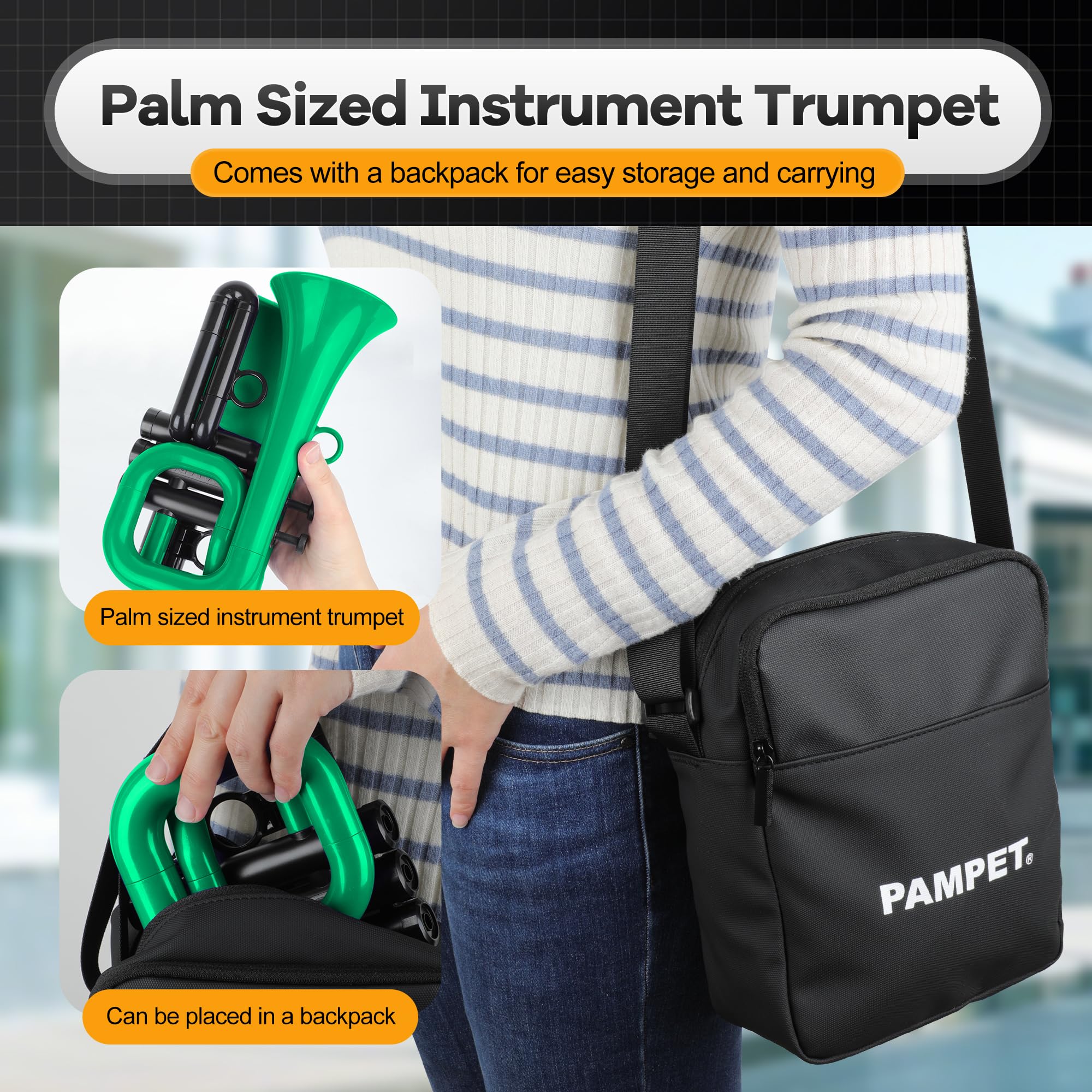 PAMPET DOLPHIN Pocket Trumpet Plastic Bb Trumpet Standard Trumpets for Student Beginner Bb Trumpets Instrument (Black)