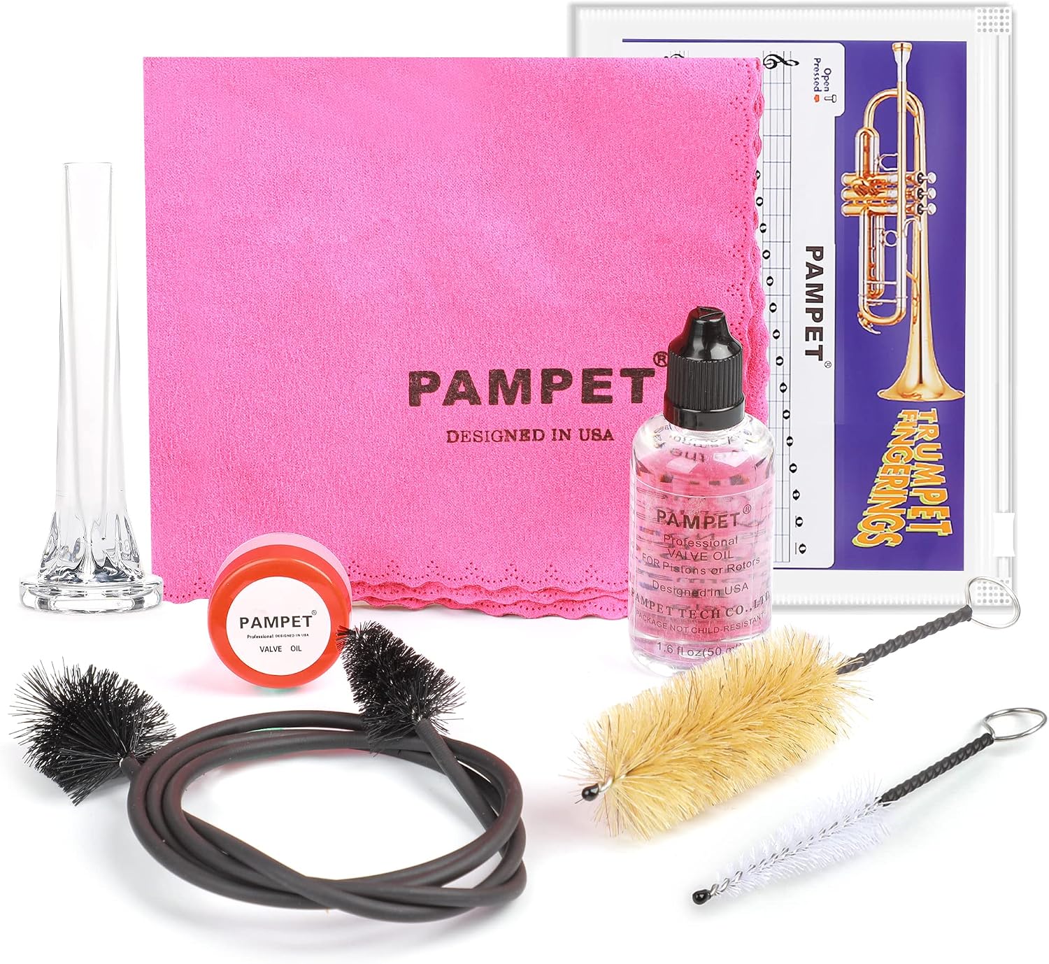 PAMPET Trumpet Care Kit, Professional Trumpet Cleaning Kit Care Your Trumpet with Valve Oil, Brass Polishing Spray, Slide Grease, Brushes