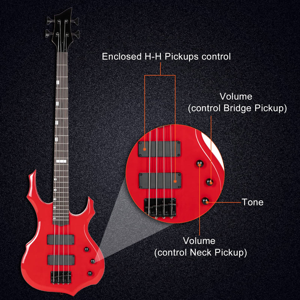 Ktaxon Electric Bass Guitar Full Size Flame Design Bass Set with 20 Watt Amplifier, Portable Bass Bag, Superior Amp Wire, Adjustable Guitar Strap, Plectrum, Wrench Tool(Matte Black)