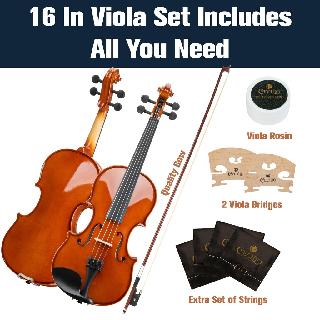 Mendini by Cecilio 14 Inch Solid Wood Viola Set for Beginners - Hand Carved Acoustic Viola Kit with Hard Case, Bow, Rosin, Bridge and Extra Strings