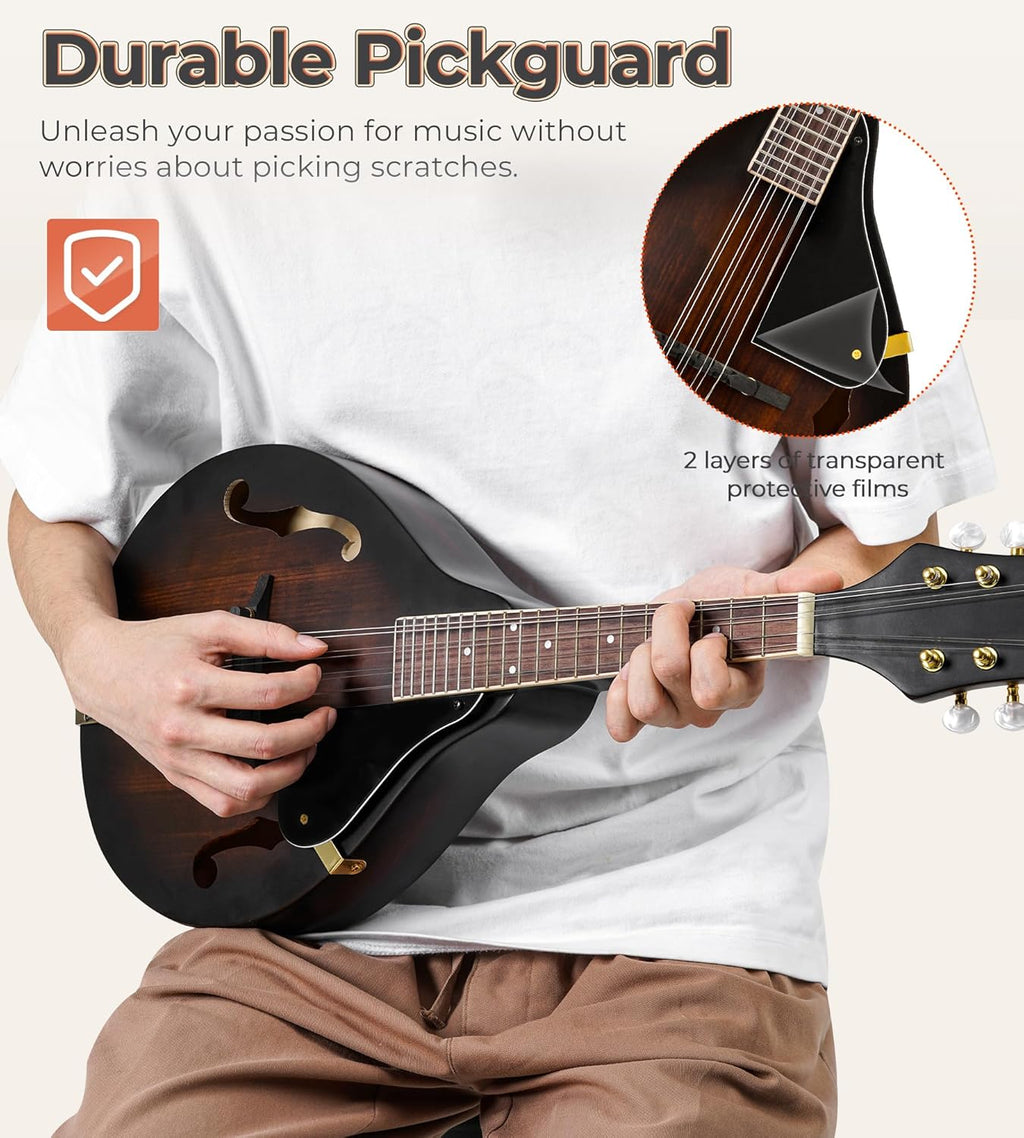 Vangoa Mandolin Instrument A Style, Acoustic Mandolin Musical Instrument Solid Spruce Top 8 String for Beginners, Adults, Teens, Dark Brown