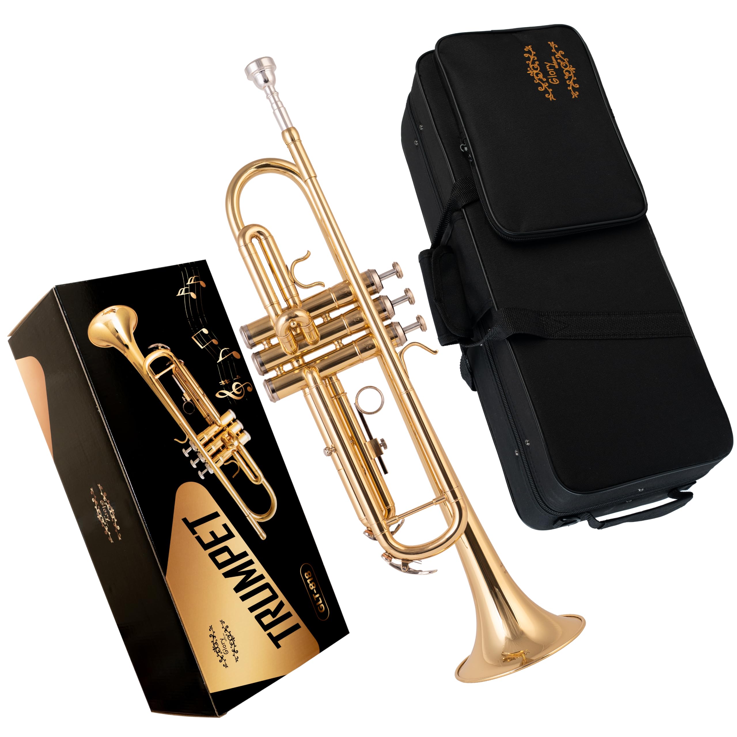 Glory Bb Trumpet - Trumpets for Beginner or Advanced Student with Case, pair of gloves-Gold