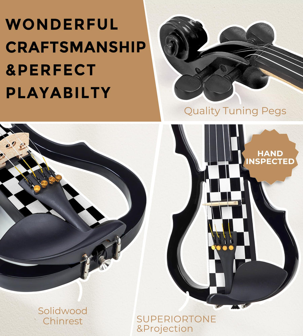 Vangoa Electric Violin Full Size 4/4, Black Silent Electric Violin, Solid Wood Metallic Electric Fiddle with Ebony Fittings, Beginner Kit for Adults Teens