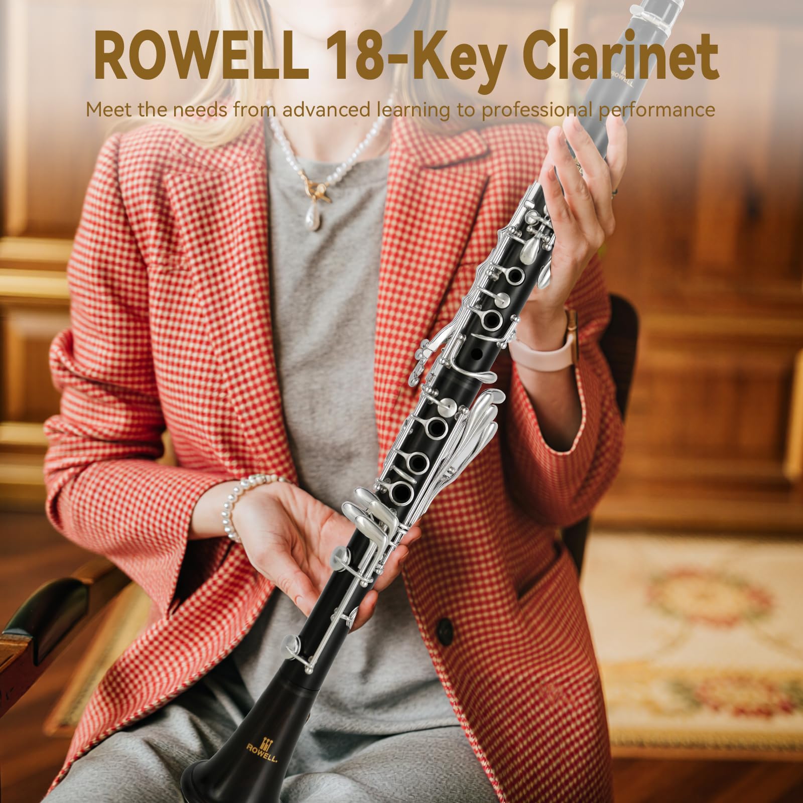 ROWELL 18 Key Bb Clarinet with Eb/Ab Lever & African Blackwood Wood Body Professional Rich Tone for Intermediate Players & Students Includes Case, Mouthpiece, Reeds