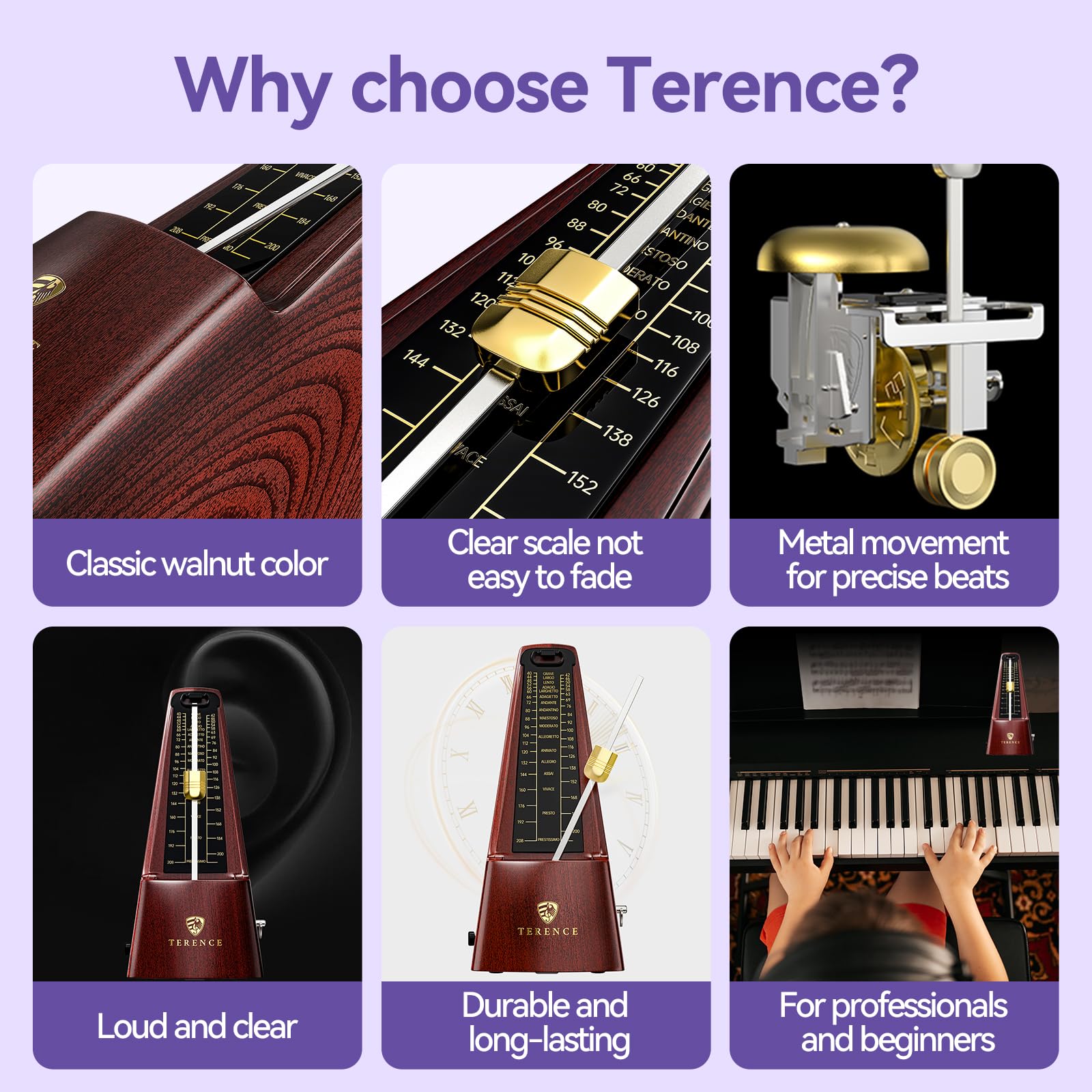 Mechanical Metronomes for Piano Guitar Drum Violin and Other Musical Instruments with Loud Sound and Accurate Beat Multiple Beat Modes for Beginners(Walnut Color)