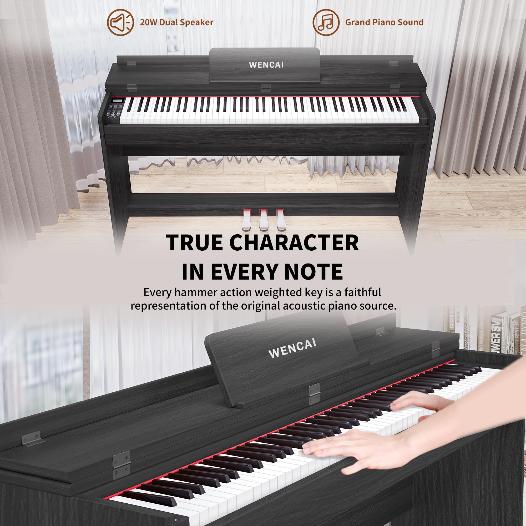 WENCAI 88 Key Fully Weighted Digital Piano Keyboard, White | Hammer Action Electric Pianos, Wooden Upright Electronic Piano for Beginner & Professional, Midi Compatible, Triple Pedal