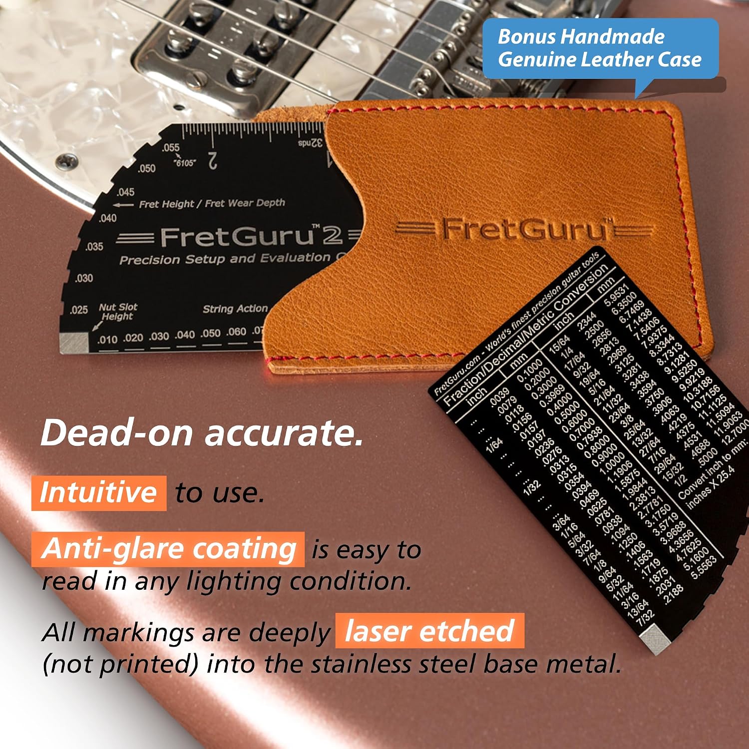String Action Gauge Guitar Fret Ruler Precision Fret Rocker Precise CNC Machined, Diamond Honed, Polished Edge Guitar String Height Gauge Luthier Tool with Genuine Leather Case | Precision .010" increments, Laser etched markings, Luthier tool for guitar s
