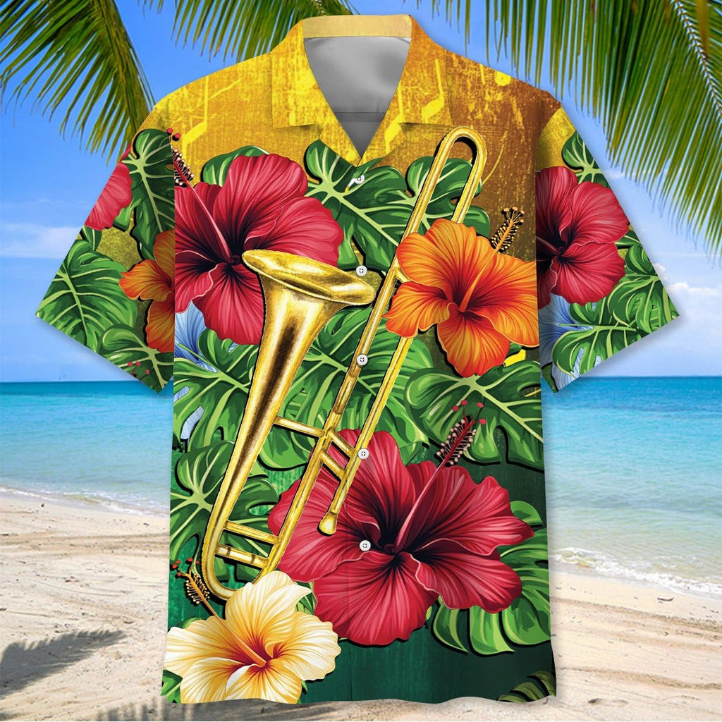 Trombone Hawaiian Shirt, Mens Trombone Short Sleeve Shirt, Music Band Gifts