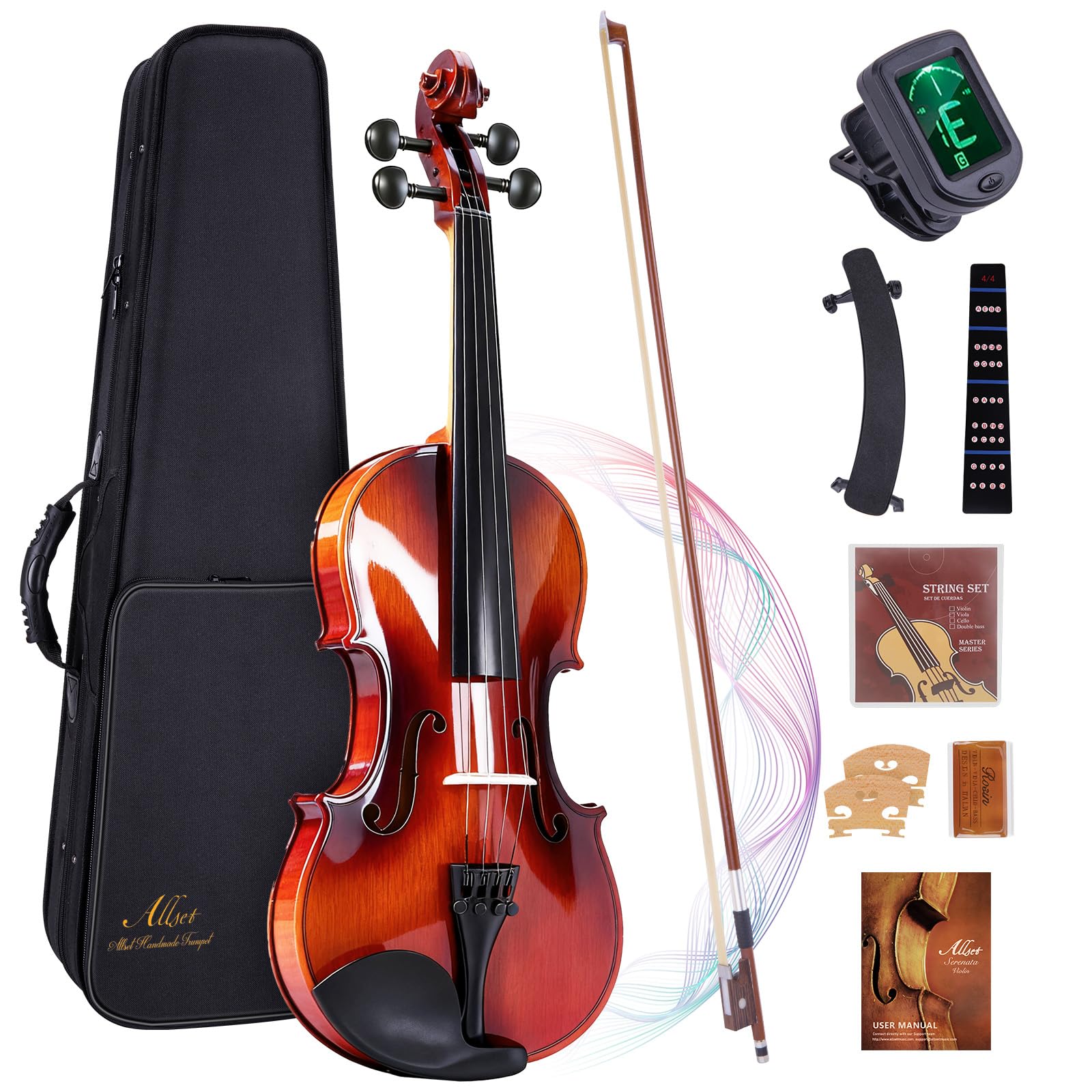 Allset Violin Fiddle Set: 4/4 Polished Violin Kit for Beginners, Acoustic Violin with Hard Case, Solidwood Handmade Starter Kit with Bow, Rosin, Shoulder Rest, Tuner, Strings-Burgundy (yellow, Full)