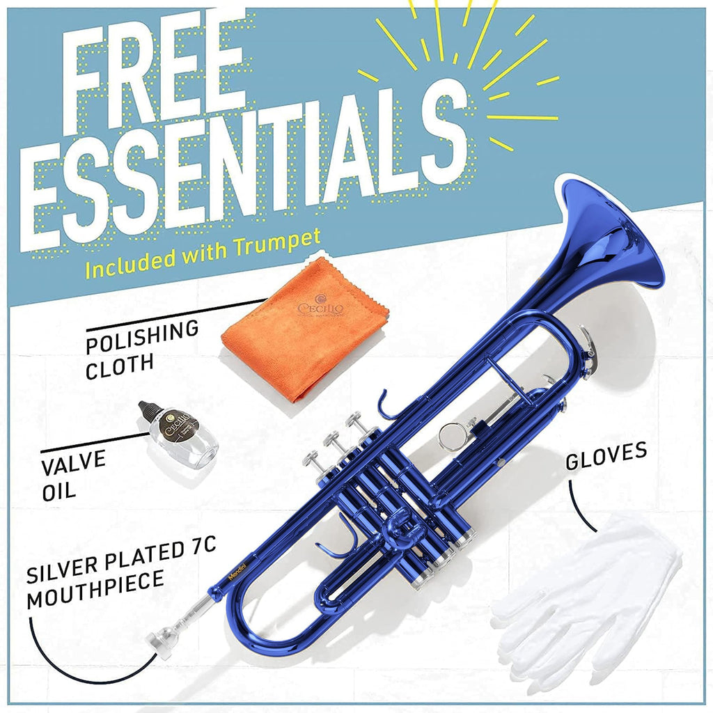 Mendini By Cecilio Bb Standard Trumpet Set for Beginners - Brass Trumpet Instrument with Hard Case, 7C Mouthpiece, Valve Oil, Cleaning Cloth, Maintenance kit and Gloves (Gold)