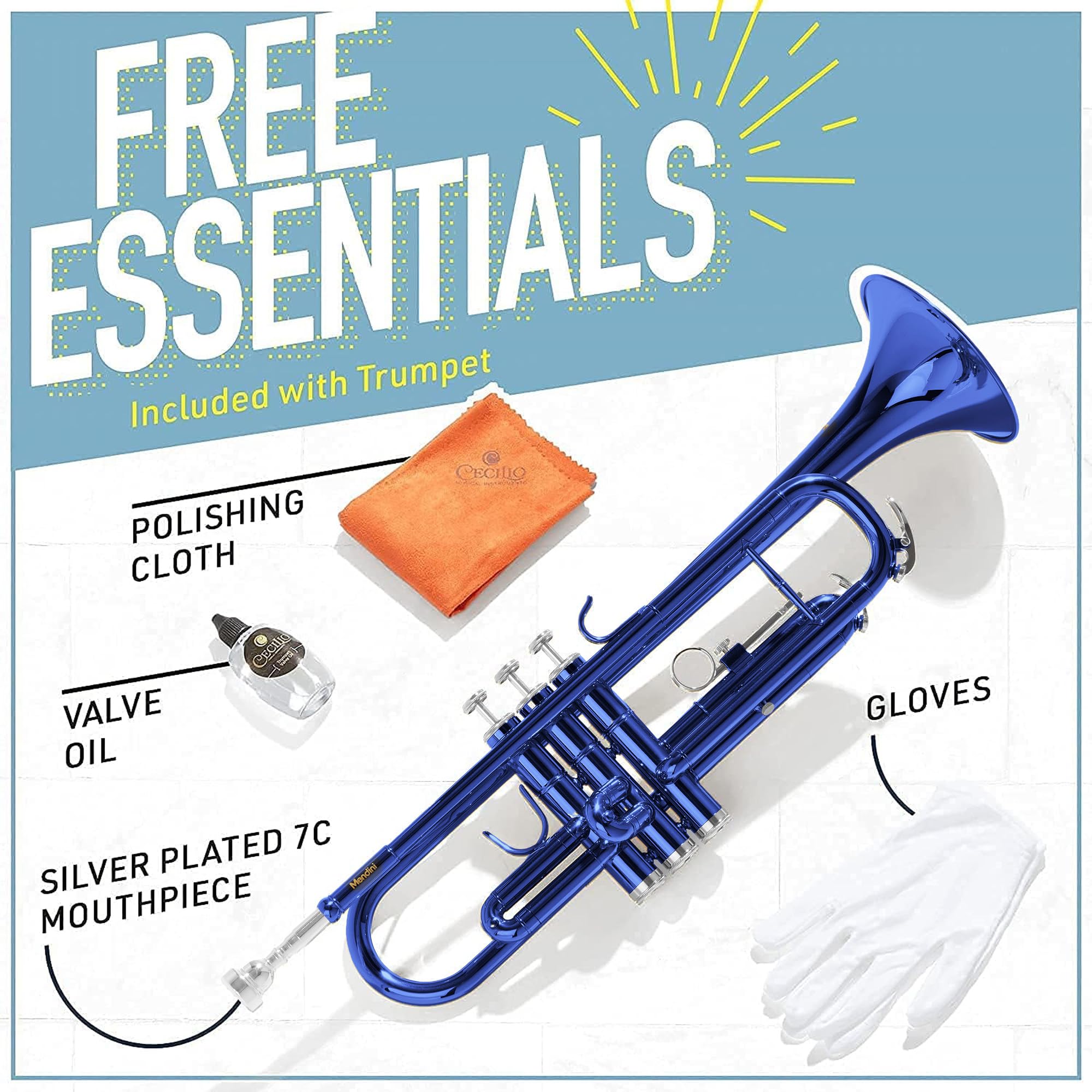 Mendini By Cecilio Bb Standard Trumpet Set for Beginners - Brass Trumpet Instrument with Hard Case, 7C Mouthpiece, Valve Oil, Cleaning Cloth, Maintenance kit and Gloves (Gold)