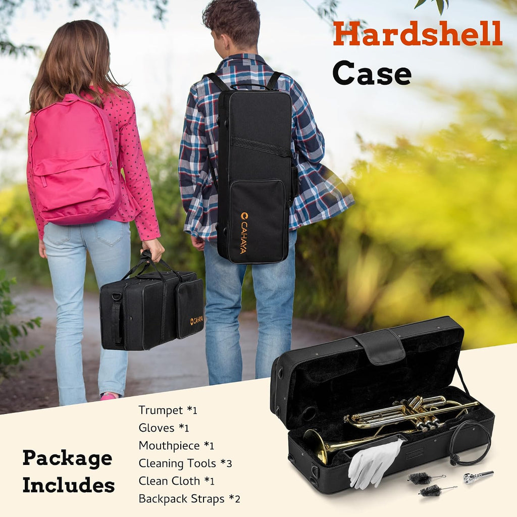 CAHAYA Bb Trumpet Instrument Trompeta: Brass Student Trumpet with Hard Case 7C Mouthpiece Gloves Standard Trumpets for Beginners or Advanced Students Gold | Bb Student Trumpet with Hard Case 7C Mouthpiece Gloves Smooth Valves Standard Trumpets for Beginne