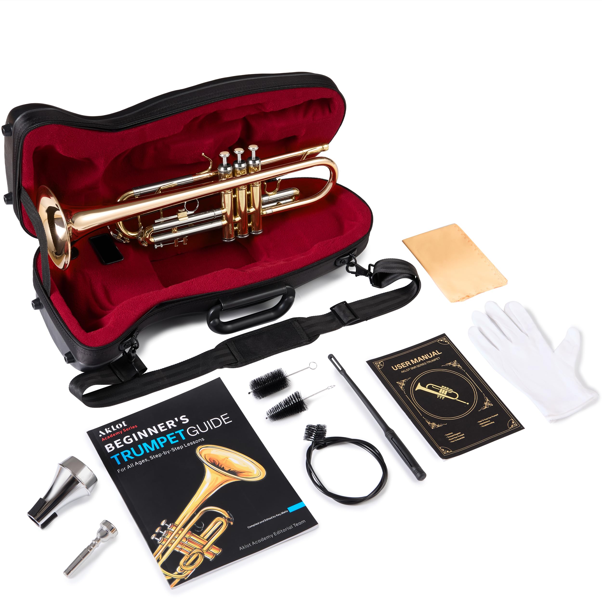 AKLOT Hand-Hammered Bell Bb Trumpet: Smooth Valve Action, Clear-Lacquered Brass Body, Standard Trumpet Beginner Set with Leather Case, Lesson Book, Trumpet Mute, Mouthpiece, Cleaning Kit (SNR-BrzED)