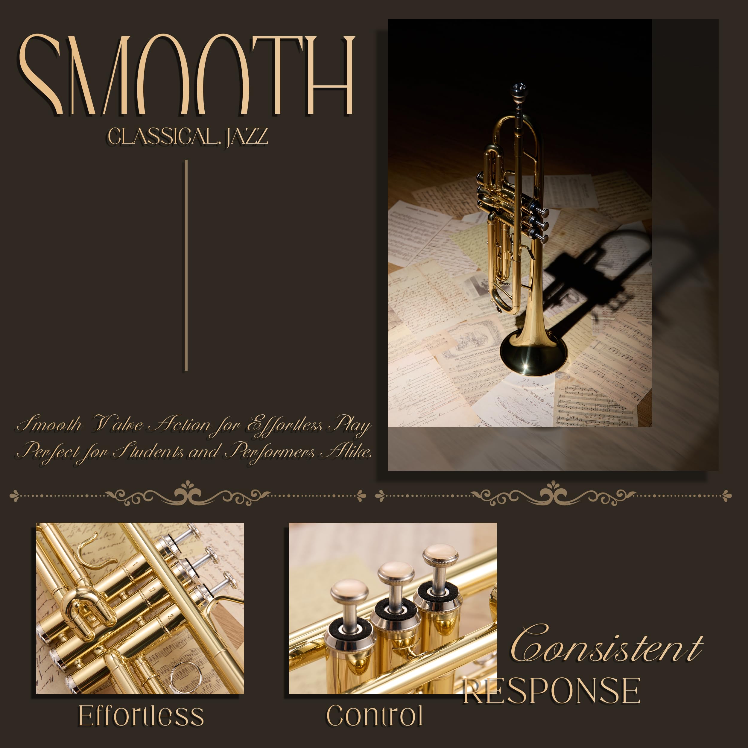 AKLOT Hand-Hammered Bell Bb Trumpet: Smooth Valve Action, Clear-Lacquered Brass Body, Standard Trumpet Beginner Set with Leather Case, Lesson Book, Trumpet Mute, Mouthpiece, Cleaning Kit (SNR-BrzSF)