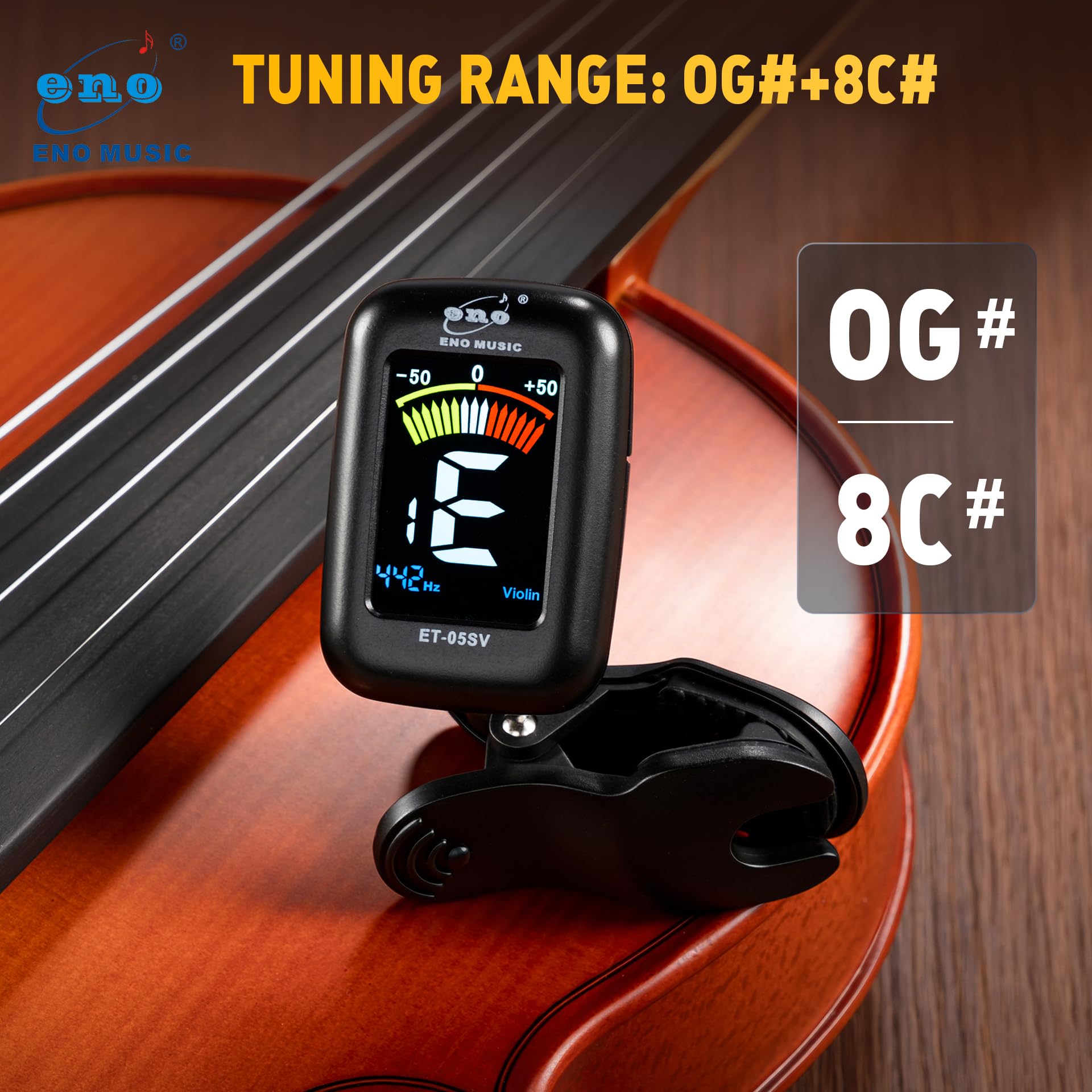 ENO MUSIC Rechargeable Type-C Quick Charge Easy Control Big LCD Display Easy Reading Clip-on Tuner for 4/4 Violin Viola Bass, Red