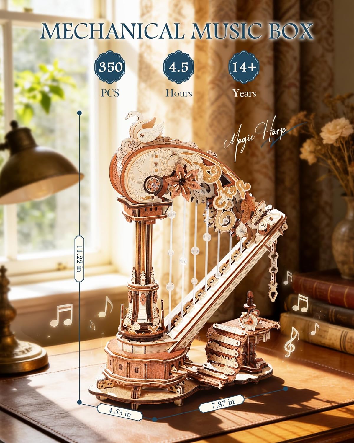 ROKR 3D Wooden Puzzle Harp Music Box, Building Model Kit with Mechanical Movement, Gift for Adults Women, Elegant Home Decor for Desk & Shelf
