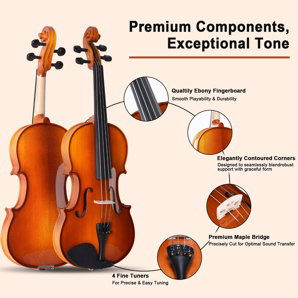 ADM Acoustic Violin for Beginner 4/4 Full Size Violin Set Solid Wood Ebony for Adult Teen Student Starter Kit with Hard Case, Shoulder Rest, Bow, Music Stand, Strings, Free Lessons (Sepia, 4/4 Size)