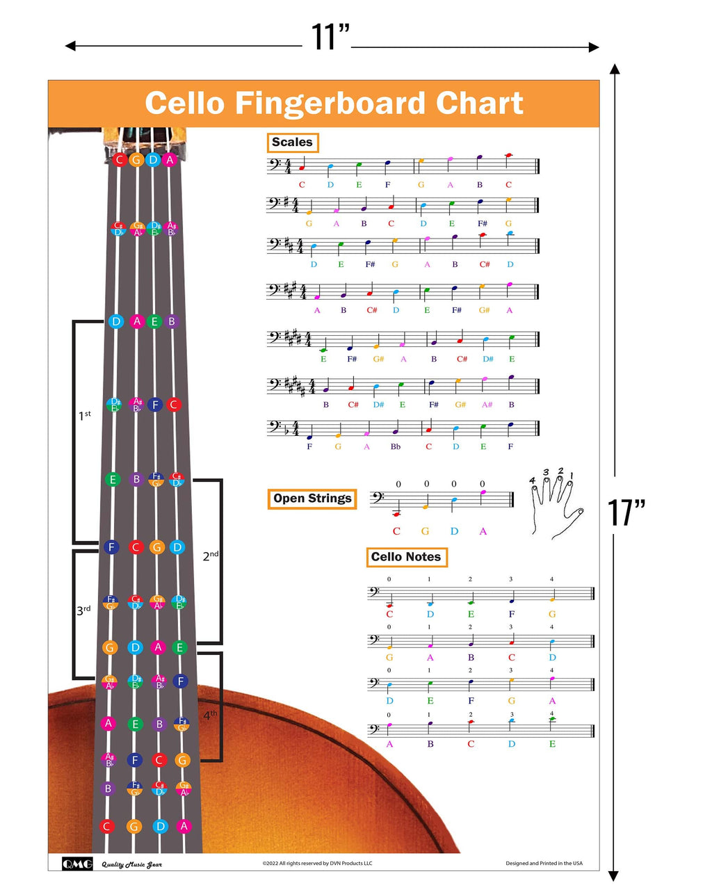 QMG Cello Fingering Chart with Color-Coded Notes, Cello Scales Techniques Suitable for All Levels