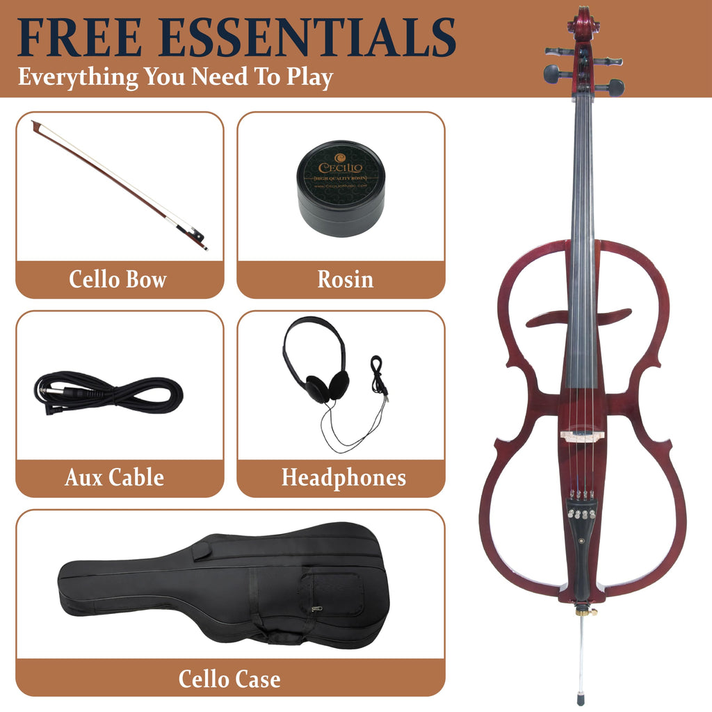 Cecilio 4/4 Electric Cello with Ebony Fittings, Professional Silent Electric Cello Kit with Bow, Rosin, Aux Cable and Headphone, Musical Instrument for Beginners, Black Metallic
