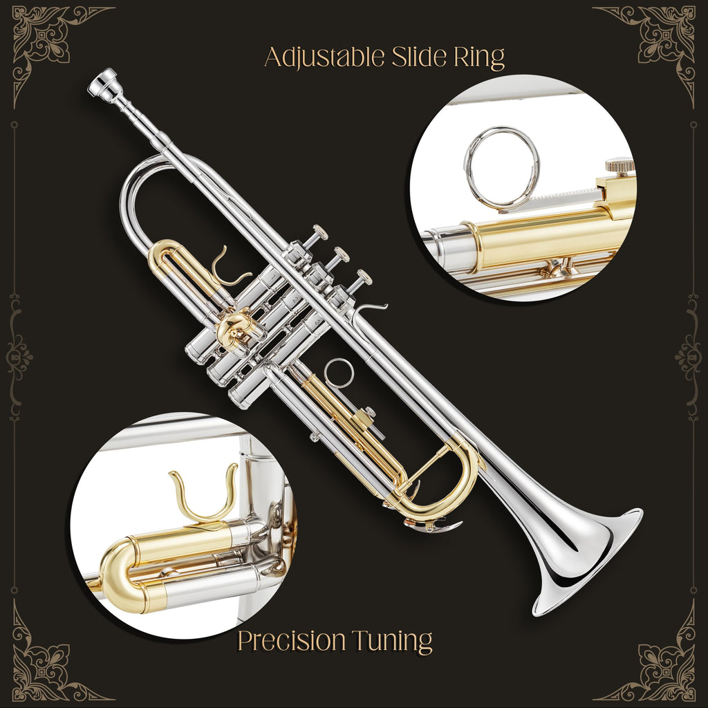 AKLOT Hand-Hammered Bell Bb Trumpet: Smooth Valve Action, Clear-Lacquered Brass Body, Standard Trumpet Beginner Set with Leather Case, Lesson Book, Trumpet Mute, Mouthpiece, Cleaning Kit (SNR-BrzSF)
