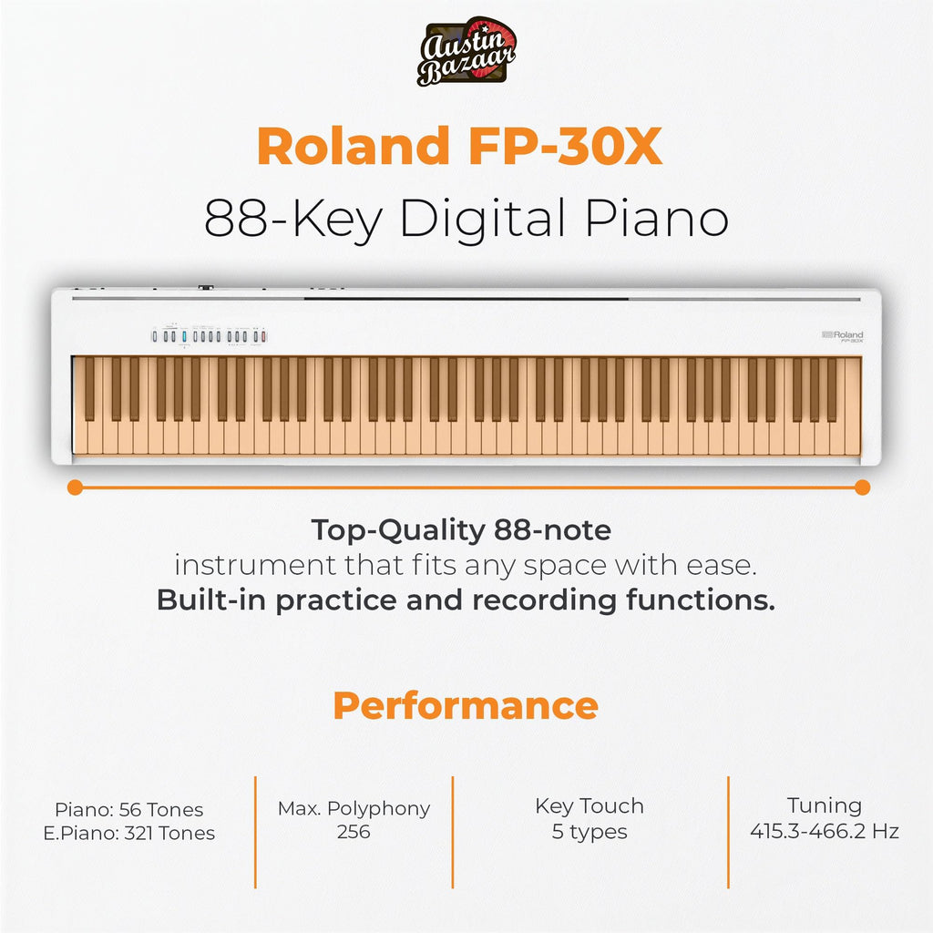Roland FP-30X 88-Key Digital Piano - Black Bundle with Adjustable Stand, Bench, Sustain Pedal, Online Piano Lessons, Instructional DVD, and Austin Bazaar Polishing Cloth
