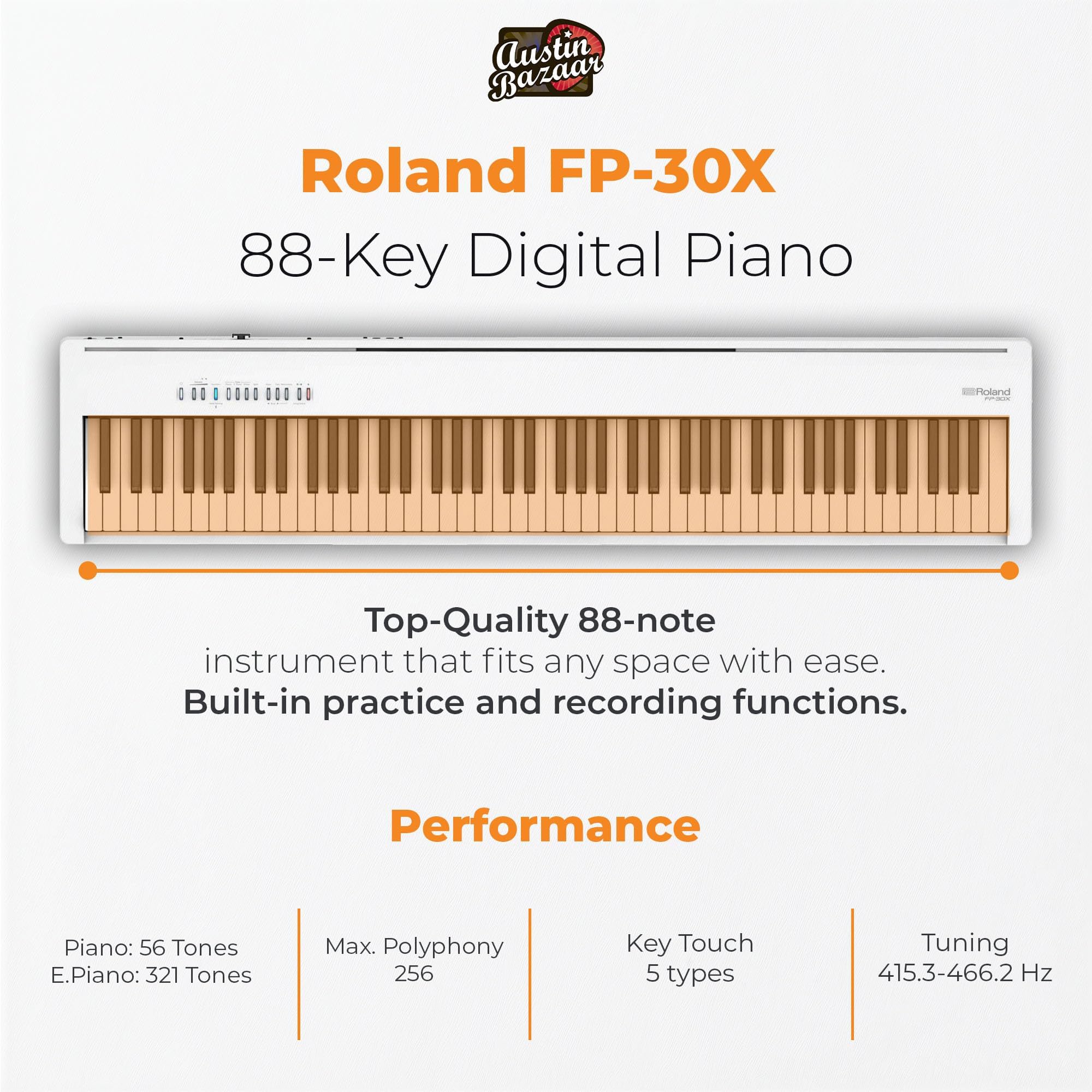 Roland FP-30X 88-Key Digital Piano - Black Bundle with Adjustable Stand, Bench, Sustain Pedal, Online Piano Lessons, Instructional DVD, and Austin Bazaar Polishing Cloth