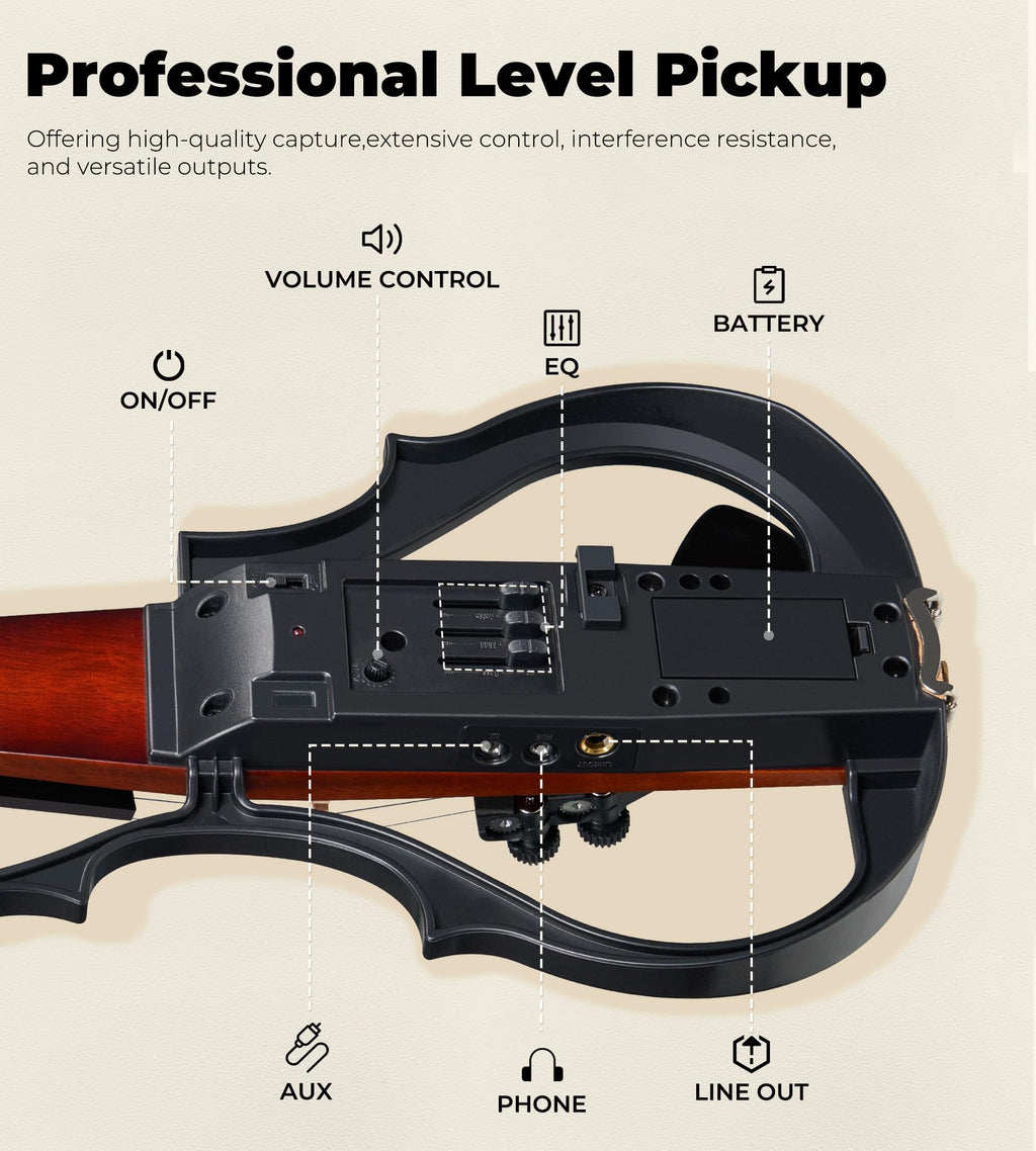 Vangoa Electric Violin 4/4 Full Size, Solid Wood Ebony Silent Violin with Professional Pickup & 3-Band EQ, Headless Lightweight Design, Beginner to Professional Electric Violin Kit, Brown