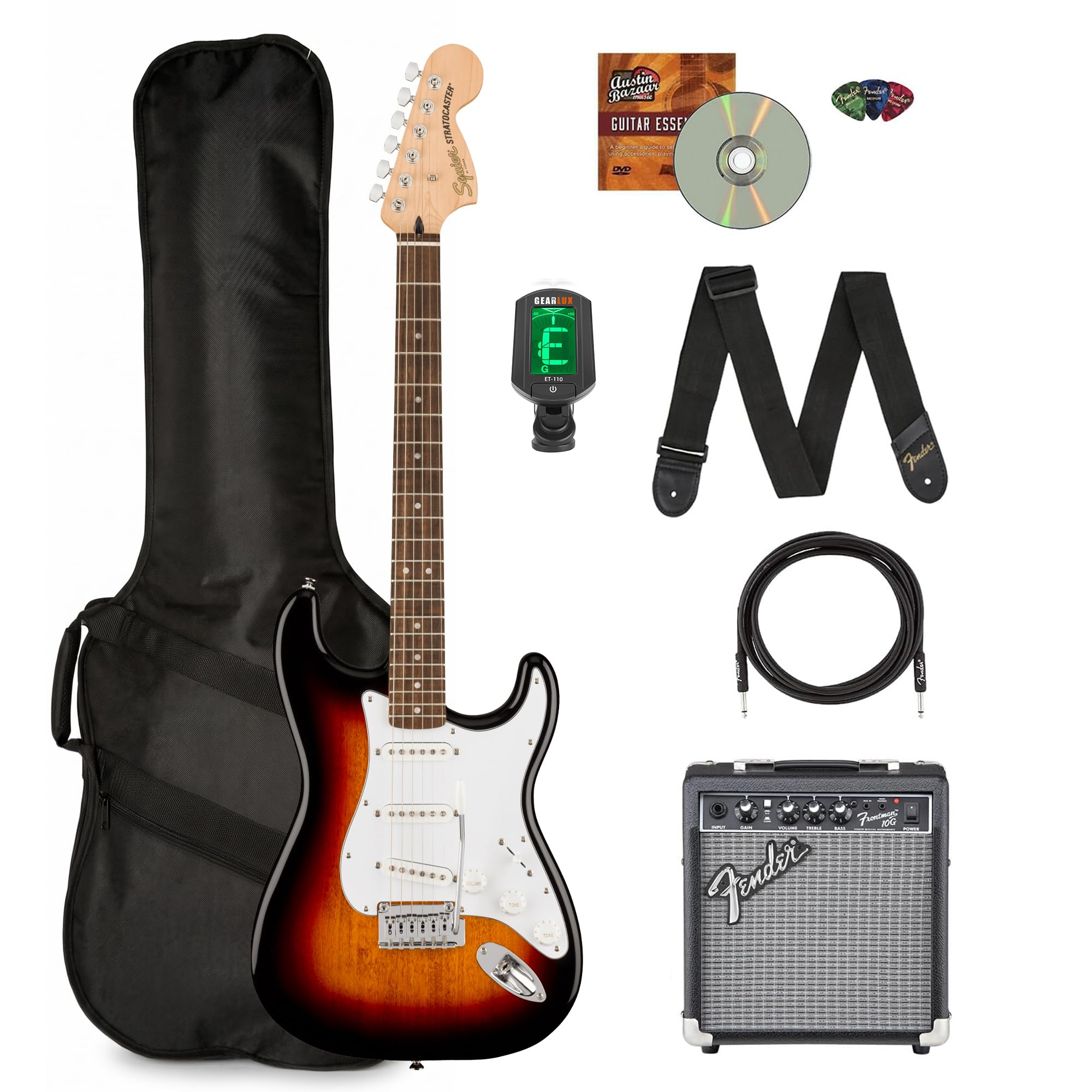 Fender Squier Affinity Stratocaster FMT HSS - Sienna Sunburst Bundle with Frontman 10G Amplifier, Gig Bag, Tuner, Instrument Cable, Strap, Picks, and Austin Bazaar Instructional DVD