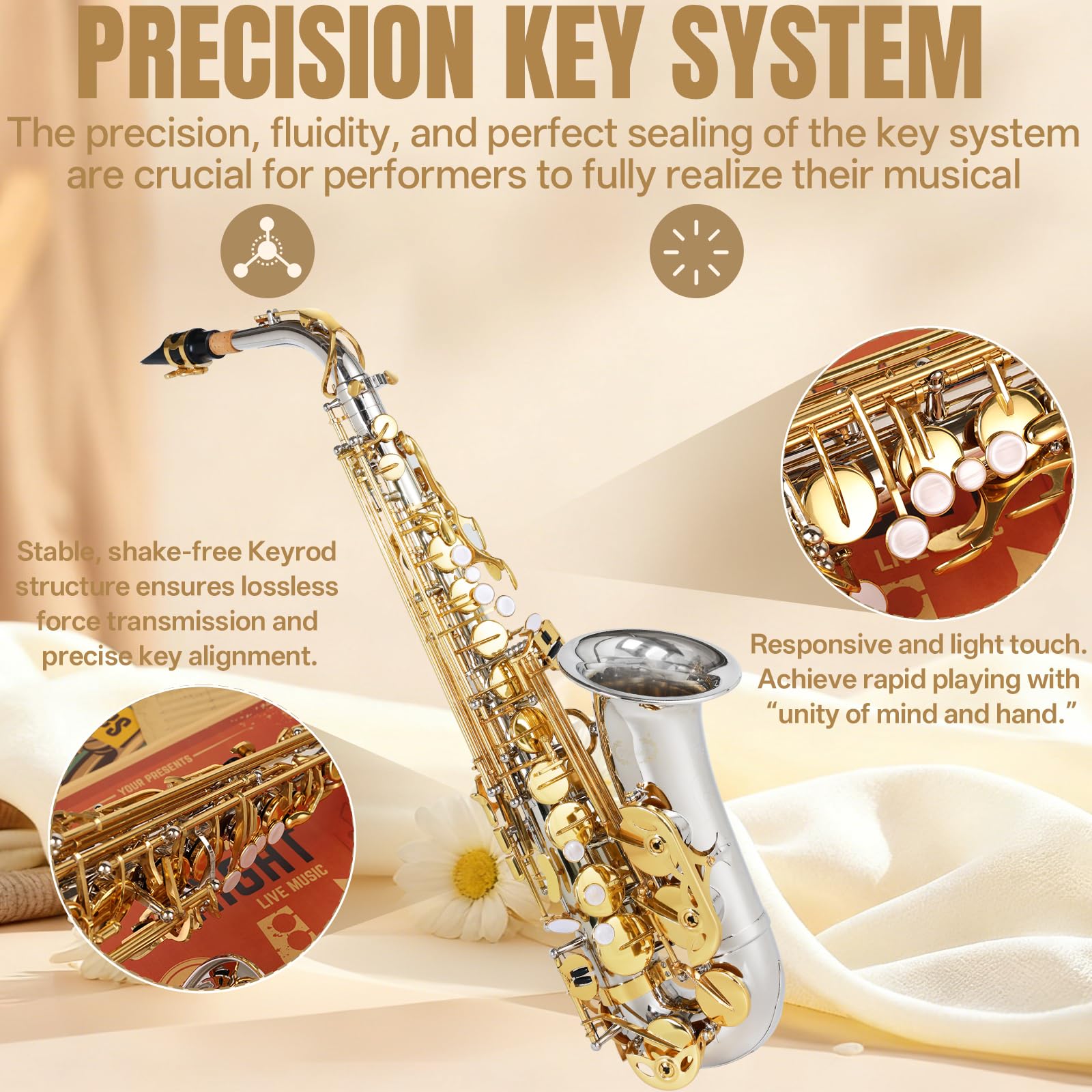 Kmise E Flat Alto Saxophone, Lightweight Saxophones for Students Beginner, Saxofon Full Kit with Portable Case, Sax Stand, Strap, Reeds, Beginner's Guides, Mute, Cleaning Kit (Gold Lacquer)