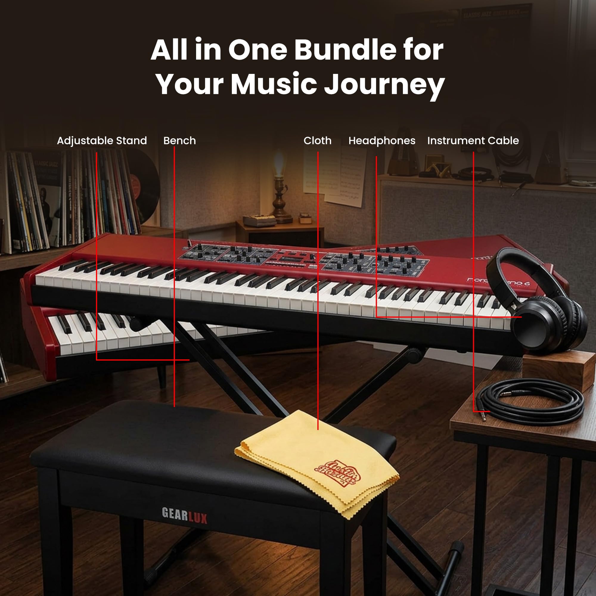 Nord Stage 4 88-Key Digital Piano Bundle with Adjustable Stand, Bench, Sustain Pedal, Headphones, Instrument Cable, and Austin Bazaar Polishing Cloth