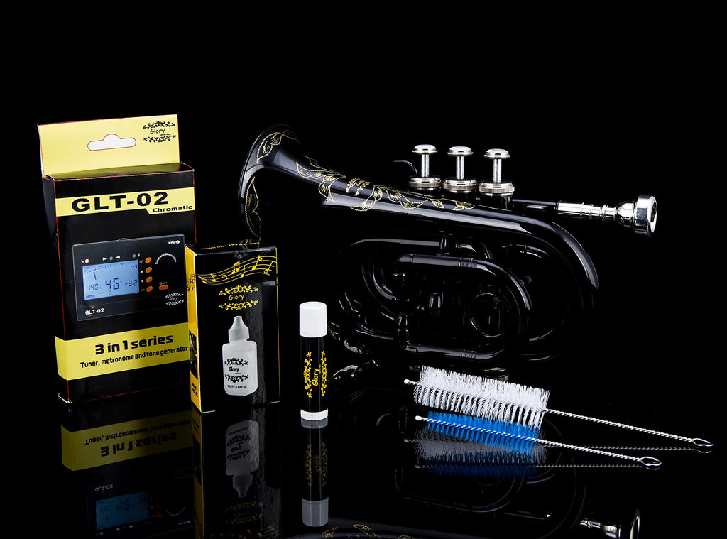 Glory Bb Pocket Trumpet with Case,Cleaning Cloth, Gloves, Black