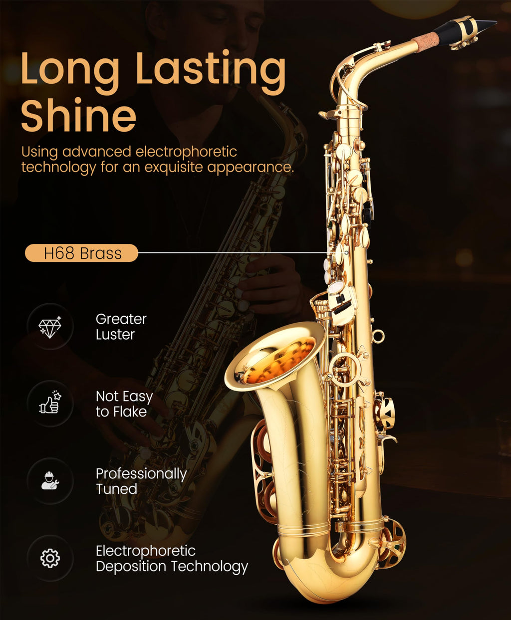 Leo Jaymz Eb Alto Saxophone - One-Piece Body & Neck Construction, H68 Brass, with Thickened Travel Bag - Complete Beginner to Professional Kit (Gold)