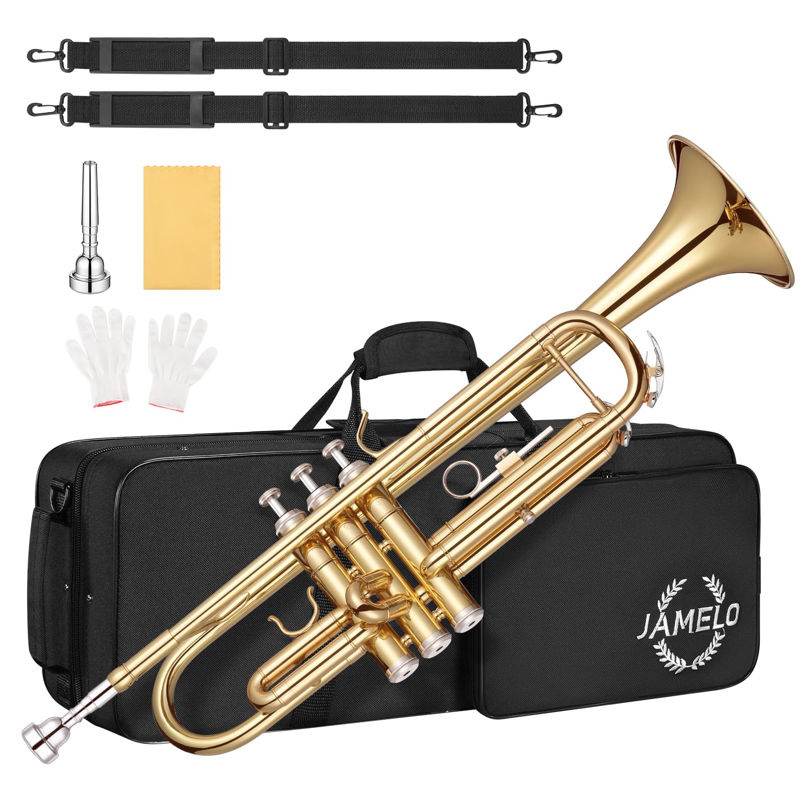 JAMELO Bb Standard Trumpet Set, Brass Trumpet Instrument for Student/Beginner with Carrying Case, 7C Mouthpiece, Cleaning Cloth and Gloves (TP-100, Gold)