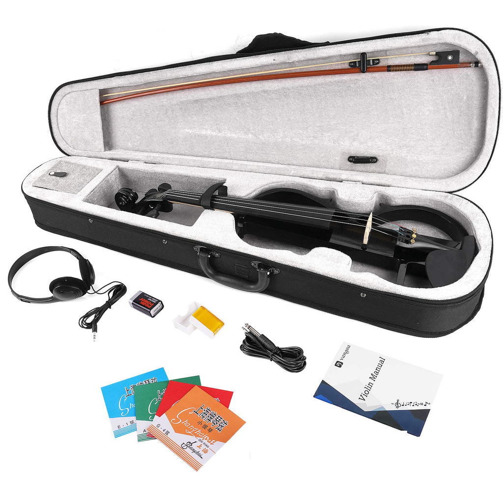 Vangoa Electric Violin Full Size 4/4, Black Silent Electric Violin, Solid Wood Metallic Electric Fiddle with Ebony Fittings, Beginner Kit for Adults Teens