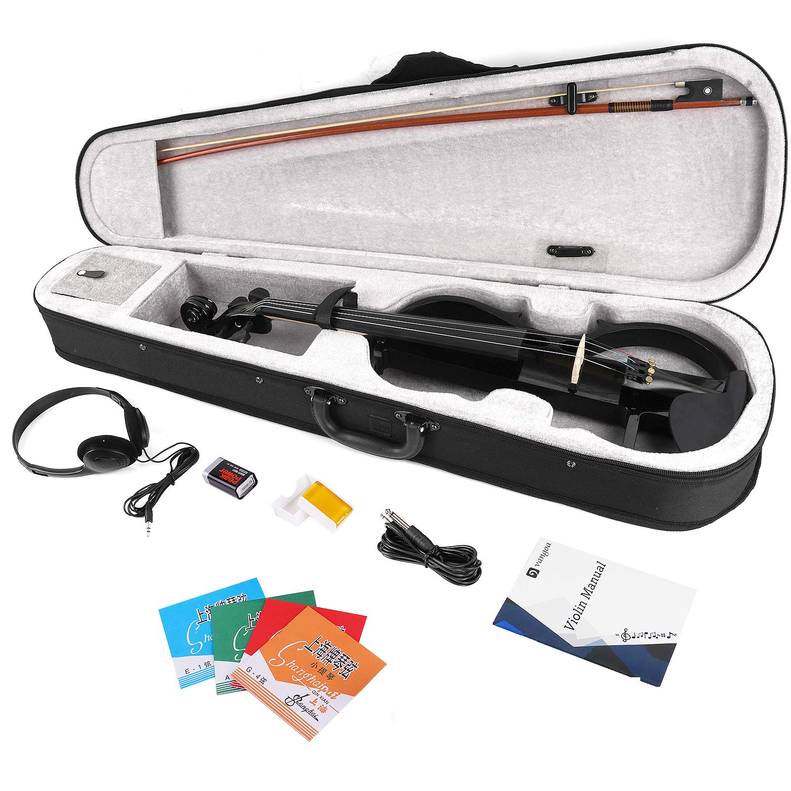 Vangoa Electric Violin Full Size 4/4, Black Silent Electric Violin, Solid Wood Metallic Electric Fiddle with Ebony Fittings, Beginner Kit for Adults Teens