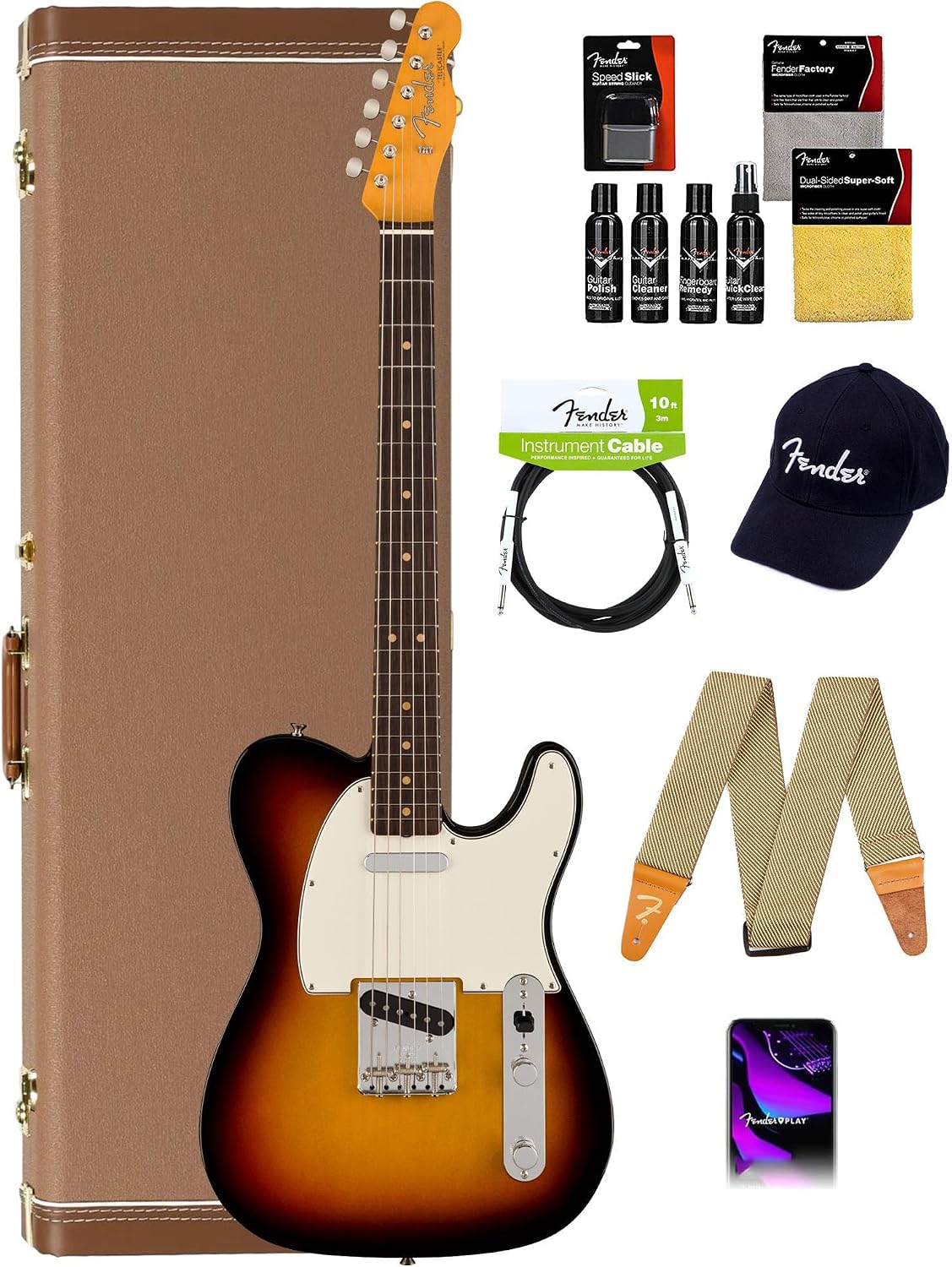 Fender American Vintage II 1963 Telecaster - 3-Color Sunburst Bundle with Case, Hat, Strap, Cable, and Guitar Cleaning Kit