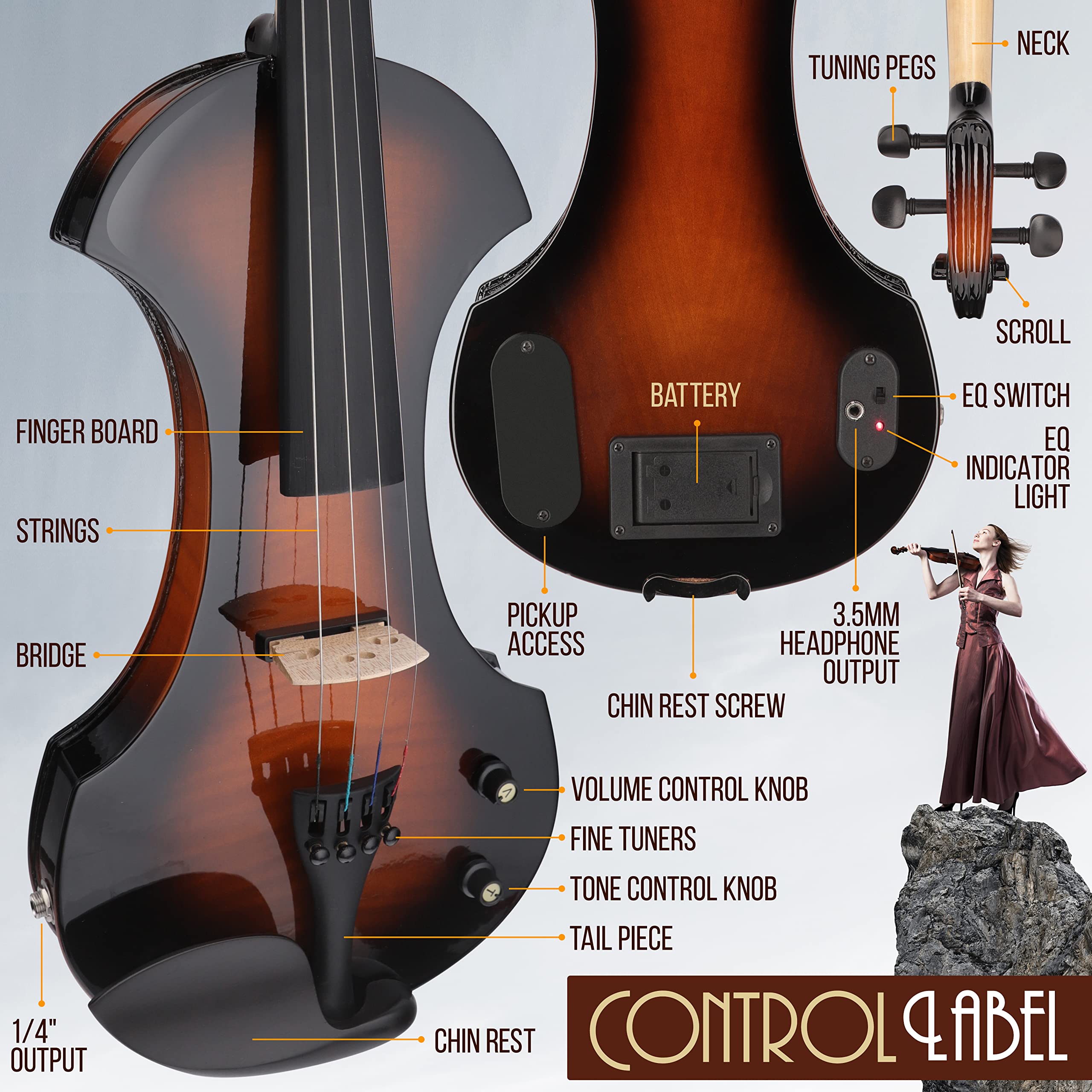 Pyle Full Size Electric Violin, 4/4 Solid Wood Silent Fiddle, with Amplifier Kit, Hard Case, Bow, Ebony Fittings, Digital Tuner, Extra Strings, Rosin