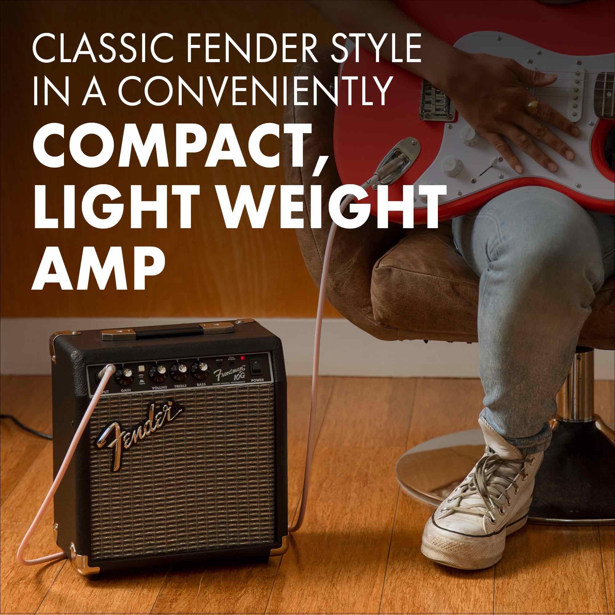 Fender Frontman 10G Electric Guitar Amplifier, 10-Watt Practice Amp with 6" Speaker, Built-in Overdrive, Headphone Jack & Aux Input, Black/Silver, with 2-Year Warranty