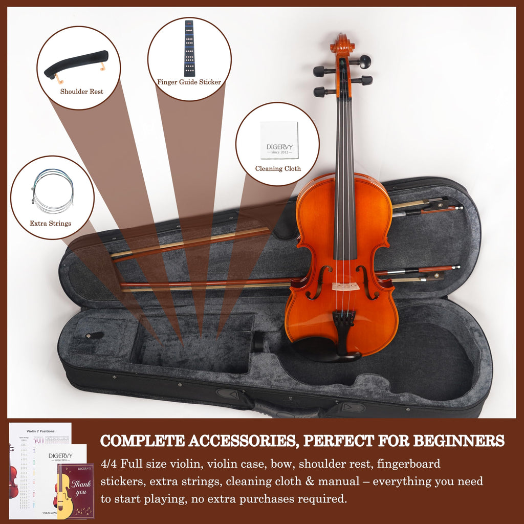 Violin 4/4 Full Size Kit for Beginners, Glossy Violin Fiddle Set for Adults, Students with Violin Case, Bow, Rosin, Fingerboard Sticker, Shoulder Rest, Extra Strings and Bridge(Plywood, Full)