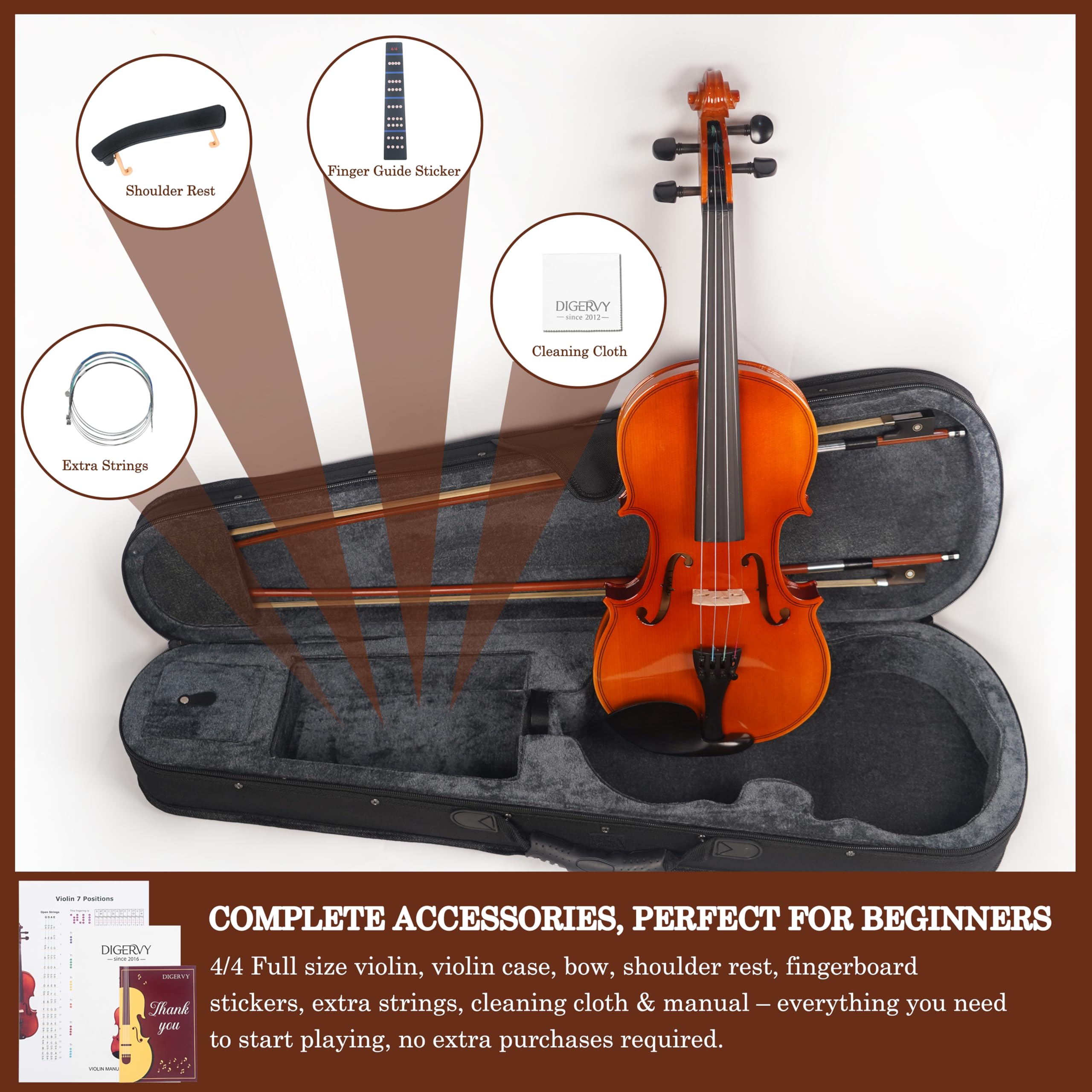 Violin 4/4 Full Size Kit for Beginners, Glossy Violin Fiddle Set for Adults, Students with Violin Case, Bow, Rosin, Fingerboard Sticker, Shoulder Rest, Extra Strings and Bridge(Plywood, Full)