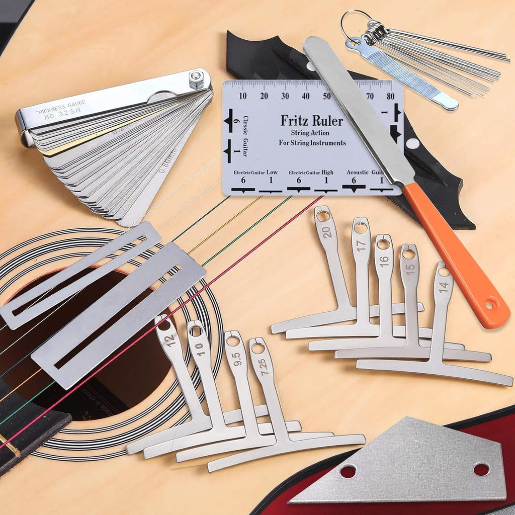 Guitar Luthier Tool Set,Including Fret Crowning File,Guitar Radius Gauge,String Action Ruler Gauge,Blades Feeler Gauge,Needle File,Fingerboard Guards for Guitar and Bass Setup
