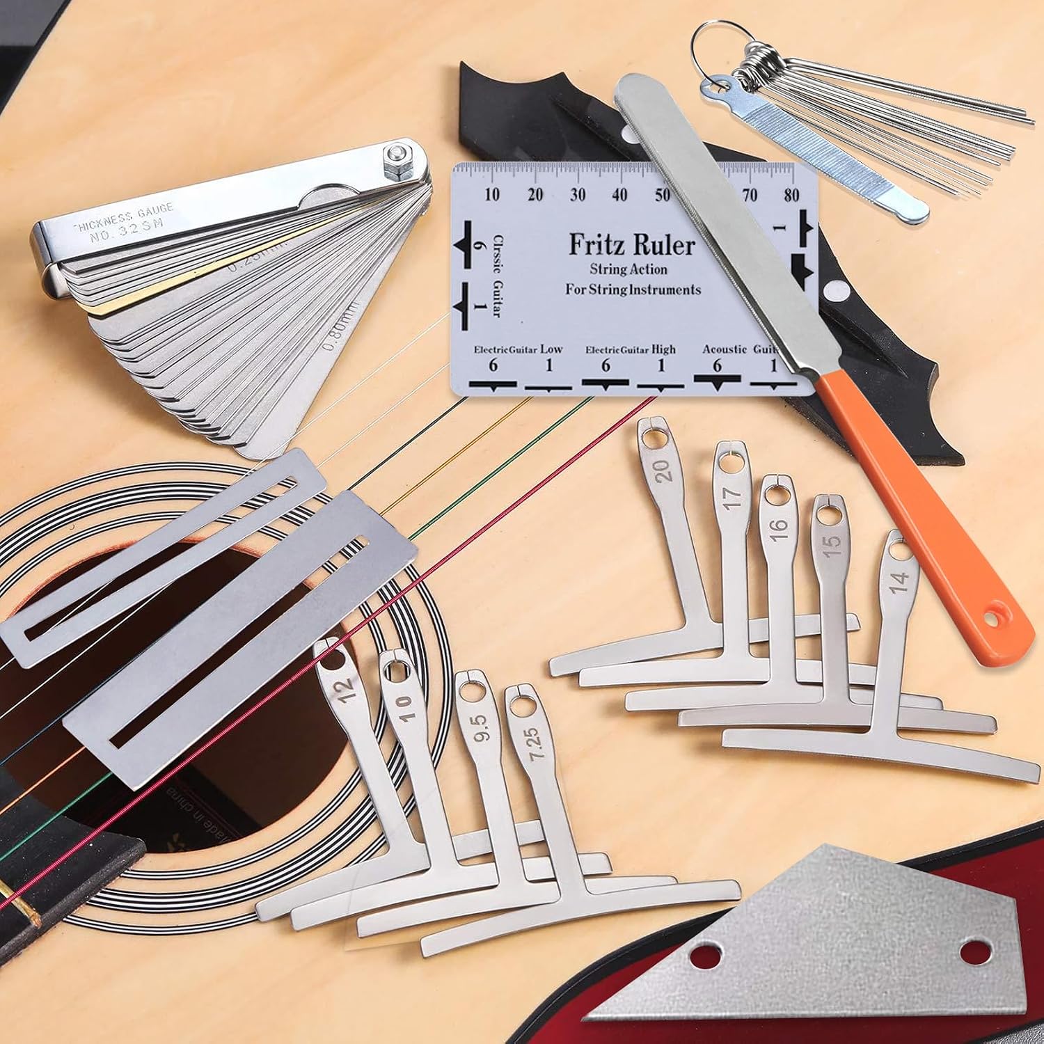Guitar Luthier Tool Set,Including Fret Crowning File,Guitar Radius Gauge,String Action Ruler Gauge,Blades Feeler Gauge,Needle File,Fingerboard Guards for Guitar and Bass Setup