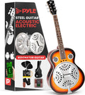 Pyle Electro Resophonic Acoustic Electric Guitar Set, Full Size Round Neck Traditional Resonator, Built-in Pre Amplifier, White