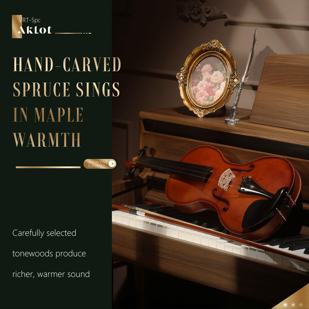 AKLOT Handcrafted Full Size Violin: Solid Wood Matte Fiddle, Acoustic Beginner 4/4 Violin Kit with Hard Case, Lesson Book, Bow, Shoulder Rest, Extra Strings, Tuner, Fretboard Stickers (VRT-AmiCS)