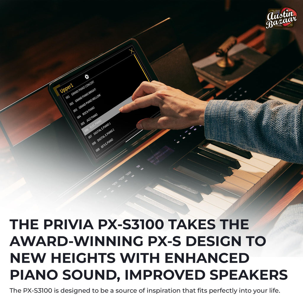 Casio Privia PX-S3100 Digital Piano - Black Bundle with Adjustable Stand, Bench, Headphones, Instructional Book, Online Lessons, Instructional DVD, and Austin Bazaar Polishing Cloth