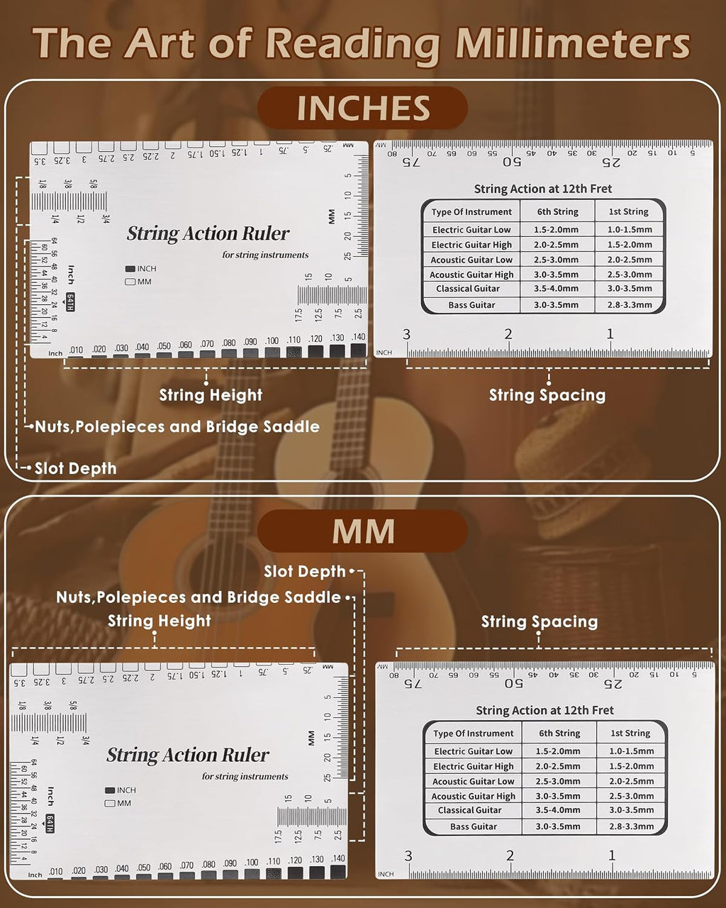 String Action Gauge Ruler, Professional Guitar Setup Tool with Dual mm & 1/64" Scales - for Electric, Acoustic, Bass Guitars - Includes Measurement Chart & Protective Sleeve - Print Silver Edition