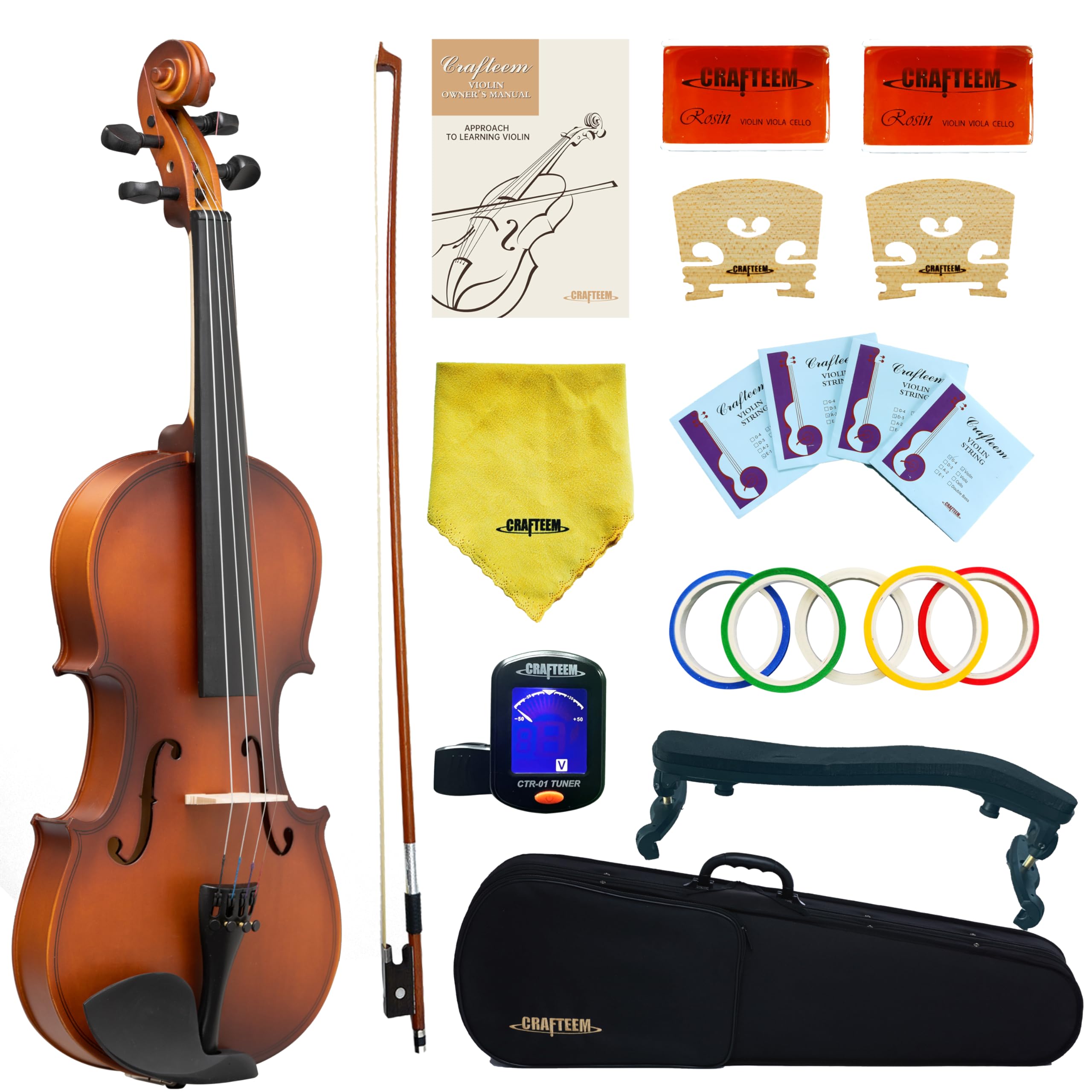 Crafteem Spruce and Maple Solid Wood Violin Outfit for Beginner Kids & Adults -Craft Your Perfect Sound and Begin Your Musical Journey with Confidence. (Glossy Antique, 1/2)