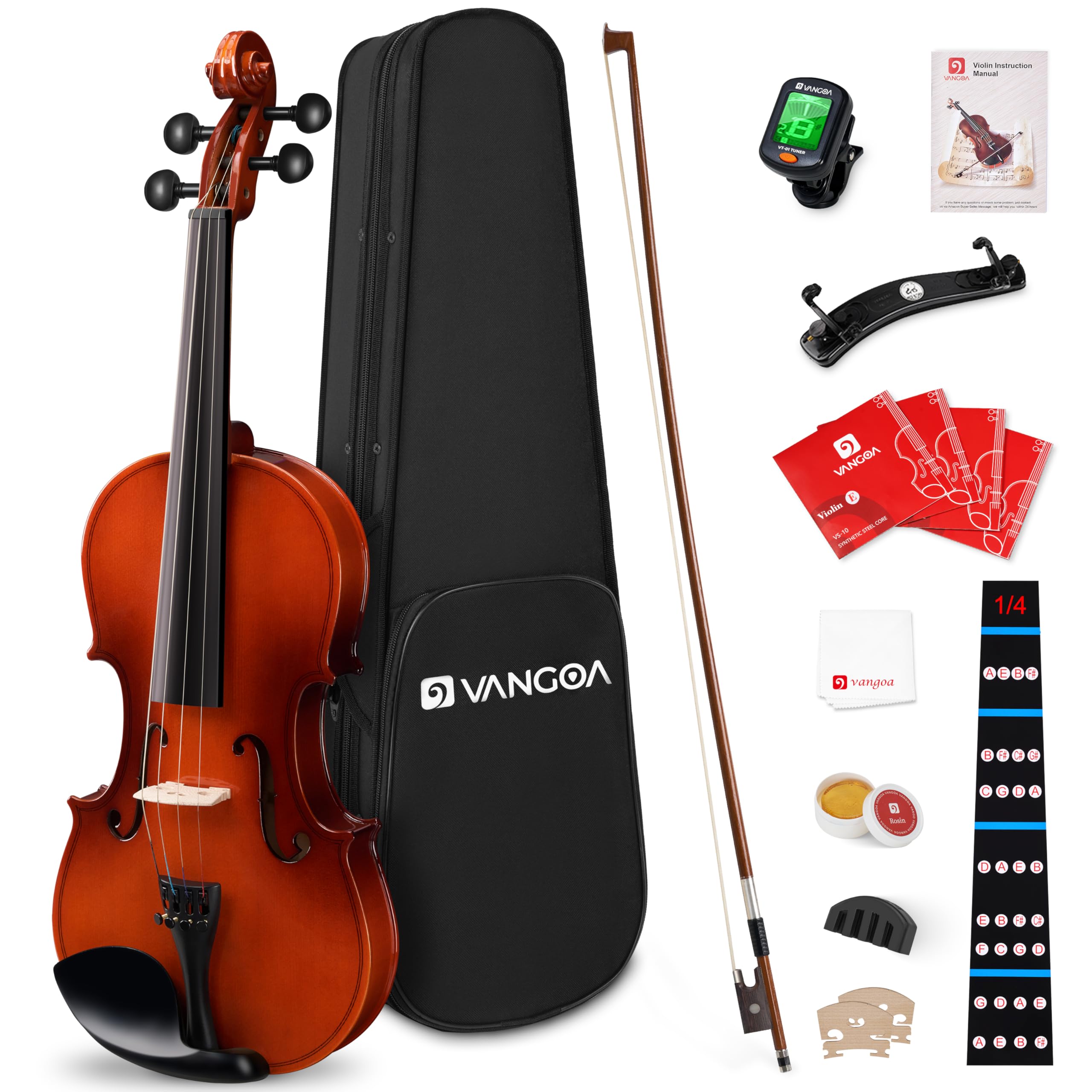 Vangoa 4/4 Solid Wood Acoustic Violin Full Size Fiddle Set for Beginner Adult Student Teen Kids with Violin Case, Bow, Rosin, Shoulder Rest, Tuner, Strings, Natural