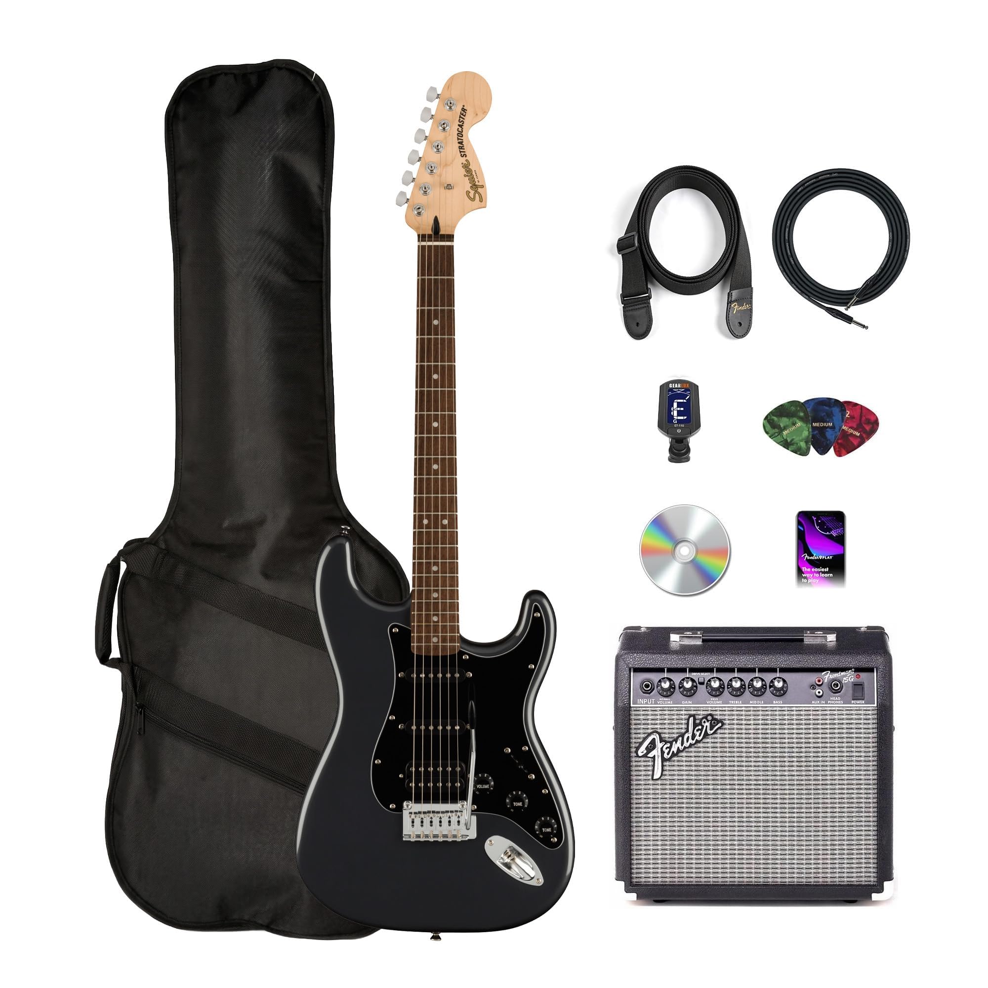 Fender Squier Affinity Stratocaster FMT HSS - Sienna Sunburst Bundle with Frontman 10G Amplifier, Gig Bag, Tuner, Instrument Cable, Strap, Picks, and Austin Bazaar Instructional DVD